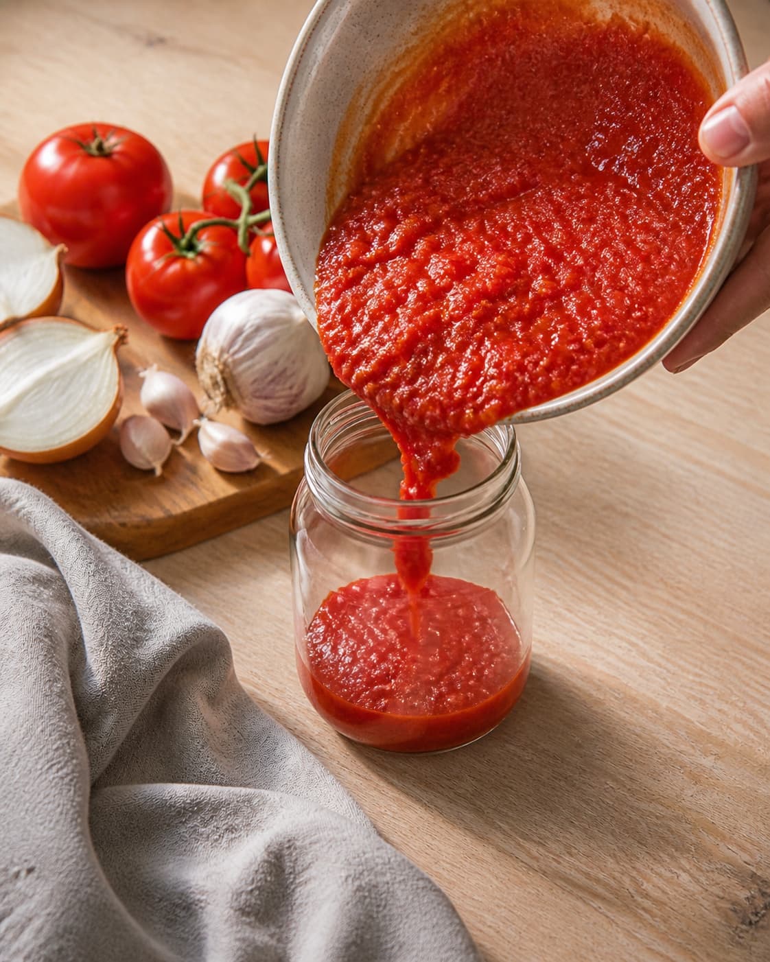 One single photorealistic instructional frame of the finished sauce being transferred into one clean jar for Tomatsauce, featuring modne tomater, løg, hvidløg, with only the named equipment and no unrelated food, text, logos or packaging under tilberedningen af tomatsauce