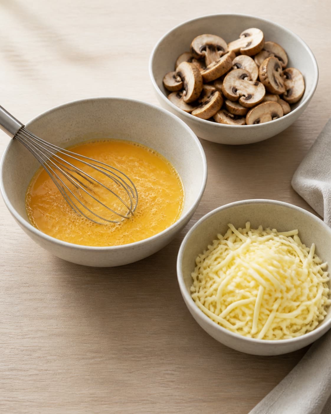 One single photorealistic instructional frame of prepared egg-dish fillings in separate bowls for Omelet med svampe og ost, featuring æg, champignon, revet ost, with only the named equipment and no unrelated food, text, logos or packaging under tilberedningen af omelet med svampe og ost