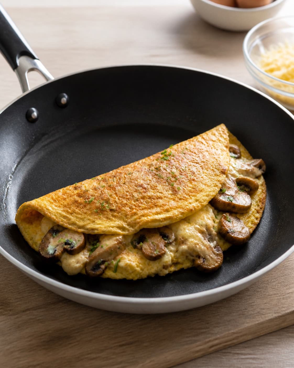 One single photorealistic instructional frame of the finished egg dish resting before serving for Omelet med svampe og ost, featuring æg, champignon, revet ost, with only the named equipment and no unrelated food, text, logos or packaging under tilberedningen af omelet med svampe og ost