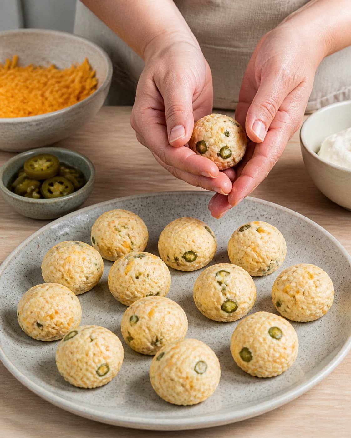 One single photorealistic instructional frame of uniform raw pieces prepared for breading for Chili Cheese Tops, featuring cheddar, flødeost, jalapeños, with only the named equipment and no unrelated food, text, logos or packaging under tilberedningen af chili cheese tops