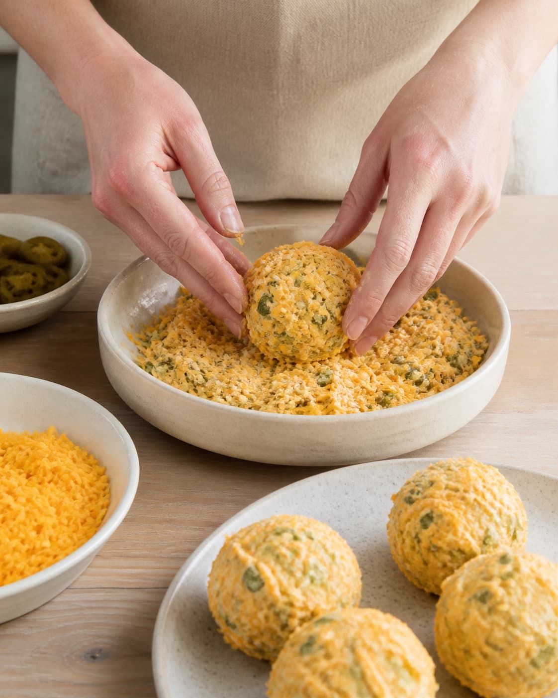 One single photorealistic instructional frame of realistic hands evenly coating each piece for Chili Cheese Tops, featuring cheddar, flødeost, jalapeños, with only the named equipment and no unrelated food, text, logos or packaging under tilberedningen af chili cheese tops