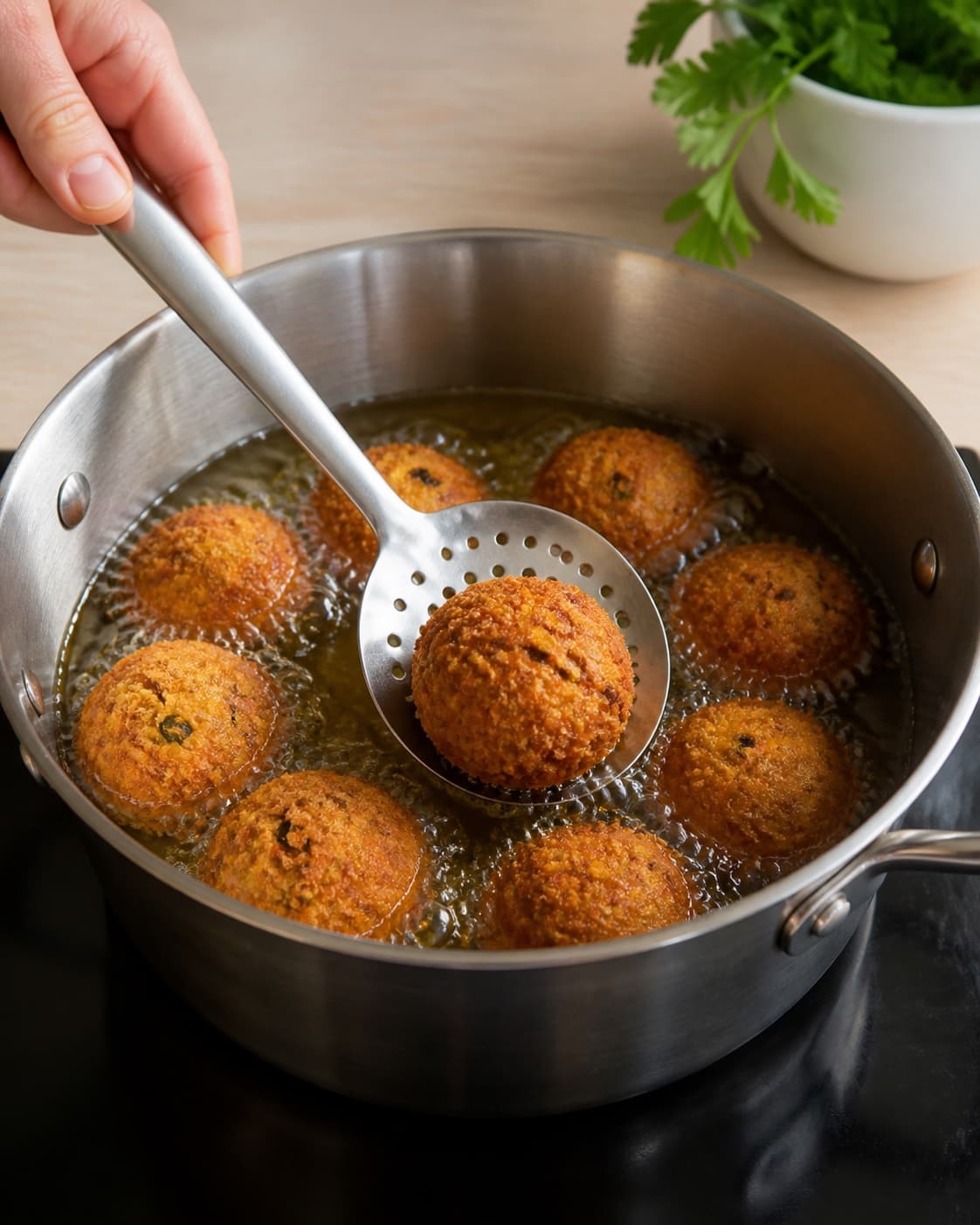One single photorealistic instructional frame of golden pieces frying in clear oil in one pot for Chili Cheese Tops, featuring cheddar, flødeost, jalapeños, with only the named equipment and no unrelated food, text, logos or packaging under tilberedningen af chili cheese tops