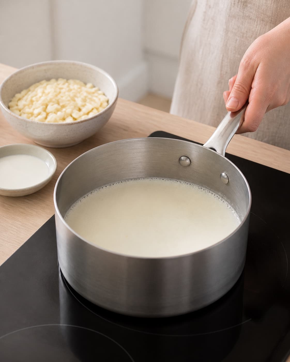 One single photorealistic instructional frame of cream and milk warming gently in one saucepan for Brombæris med hvid chokolade, featuring brombær, hvid chokolade, piskefløde, with only the named equipment and no unrelated food, text, logos or packaging under tilberedningen af brombæris med hvid chokolade