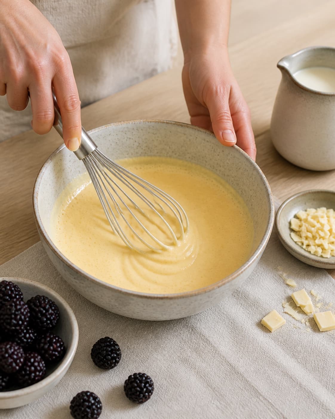 One single photorealistic instructional frame of pasteurized egg yolks and sugar whisked pale for Brombæris med hvid chokolade, featuring brombær, hvid chokolade, piskefløde, with only the named equipment and no unrelated food, text, logos or packaging under tilberedningen af brombæris med hvid chokolade