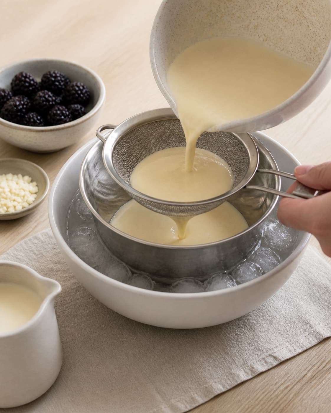 One single photorealistic instructional frame of the strained custard cooling in an ice bath for Brombæris med hvid chokolade, featuring brombær, hvid chokolade, piskefløde, with only the named equipment and no unrelated food, text, logos or packaging under tilberedningen af brombæris med hvid chokolade