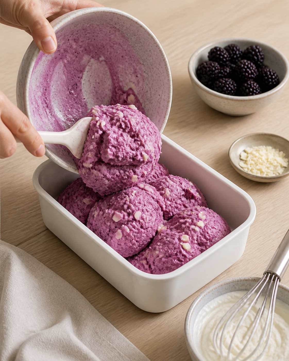 One single photorealistic instructional frame of freshly churned ice cream transferred to one container for Brombæris med hvid chokolade, featuring brombær, hvid chokolade, piskefløde, with only the named equipment and no unrelated food, text, logos or packaging under tilberedningen af brombæris med hvid chokolade