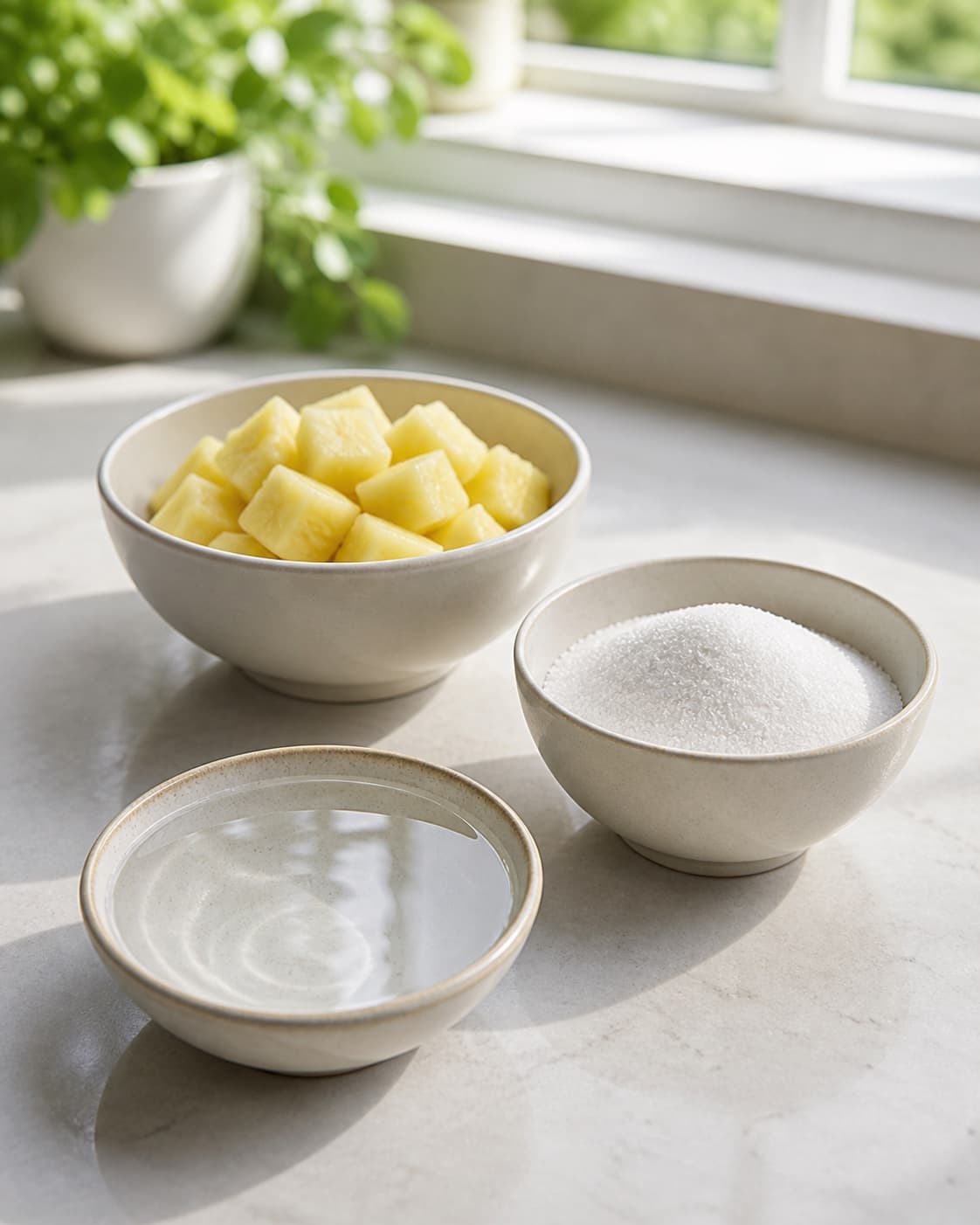 One single photorealistic instructional frame of sauce ingredients prepared in separate bowls for Ananassirup med lavendel, featuring ananas, sukker, vand, with only the named equipment and no unrelated food, text, logos or packaging under tilberedningen af ananassirup med lavendel