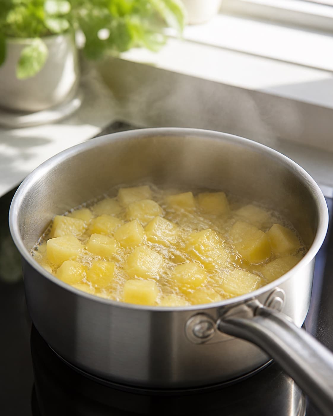 One single photorealistic instructional frame of the sauce base simmering in one saucepan for Ananassirup med lavendel, featuring ananas, sukker, vand, with only the named equipment and no unrelated food, text, logos or packaging under tilberedningen af ananassirup med lavendel