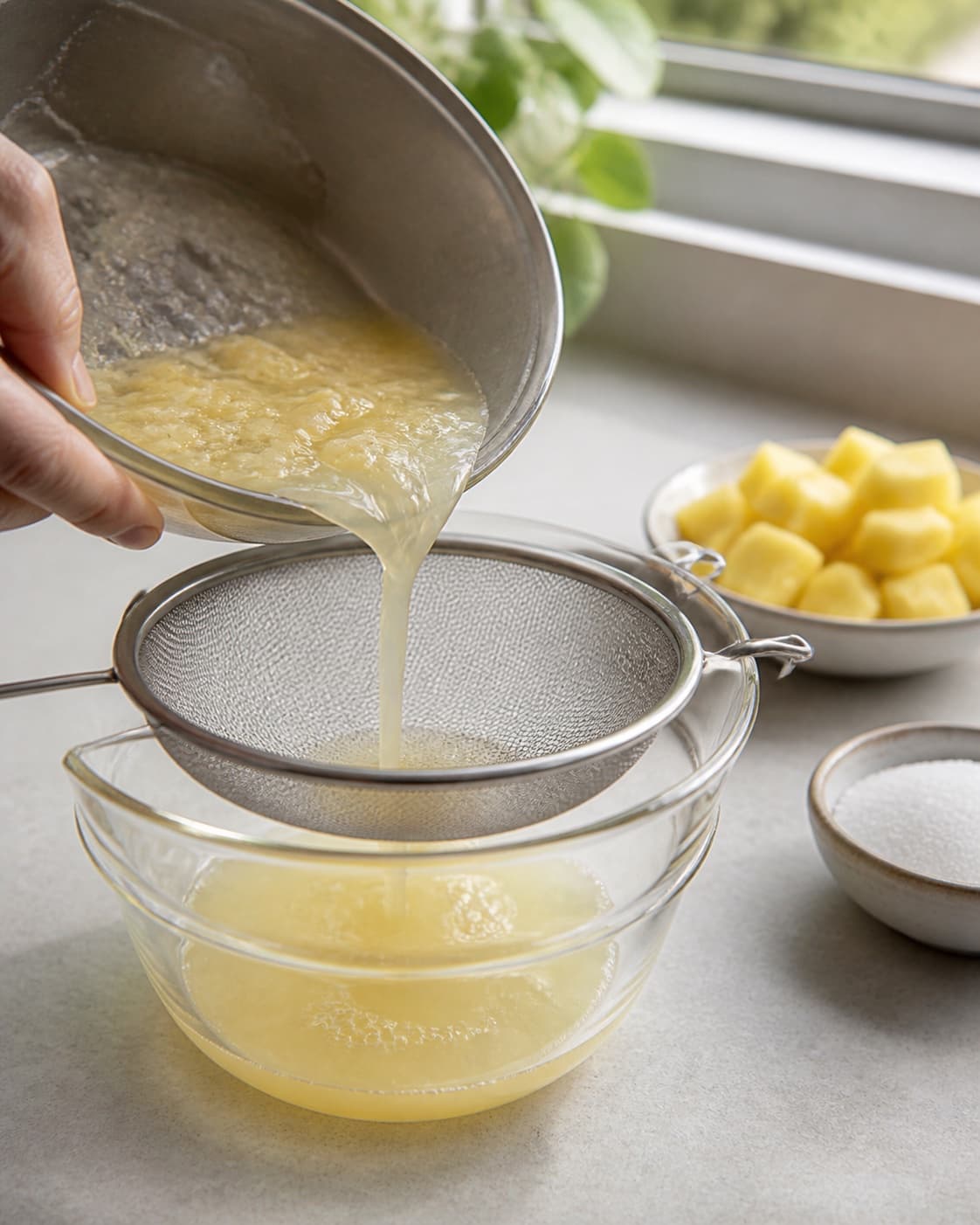 One single photorealistic instructional frame of the cooked sauce being blended or strained smooth for Ananassirup med lavendel, featuring ananas, sukker, vand, with only the named equipment and no unrelated food, text, logos or packaging under tilberedningen af ananassirup med lavendel
