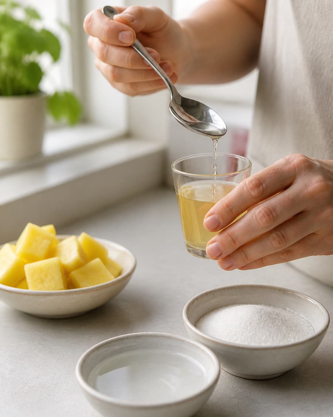 One single photorealistic instructional frame of the sauce consistency and seasoning being checked for Ananassirup med lavendel, featuring ananas, sukker, vand, with only the named equipment and no unrelated food, text, logos or packaging under tilberedningen af ananassirup med lavendel