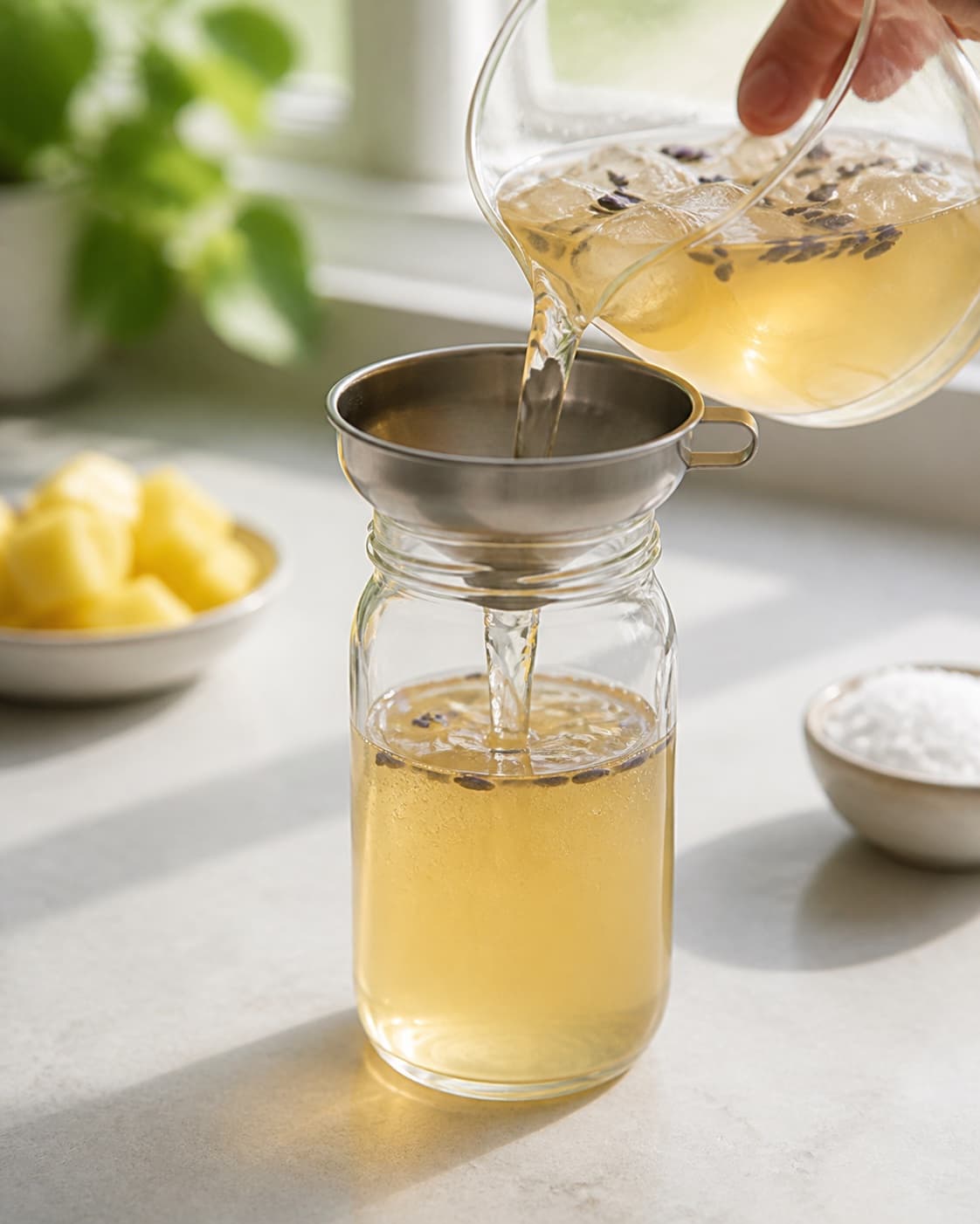 One single photorealistic instructional frame of the finished sauce being transferred into one clean jar for Ananassirup med lavendel, featuring ananas, sukker, vand, with only the named equipment and no unrelated food, text, logos or packaging under tilberedningen af ananassirup med lavendel