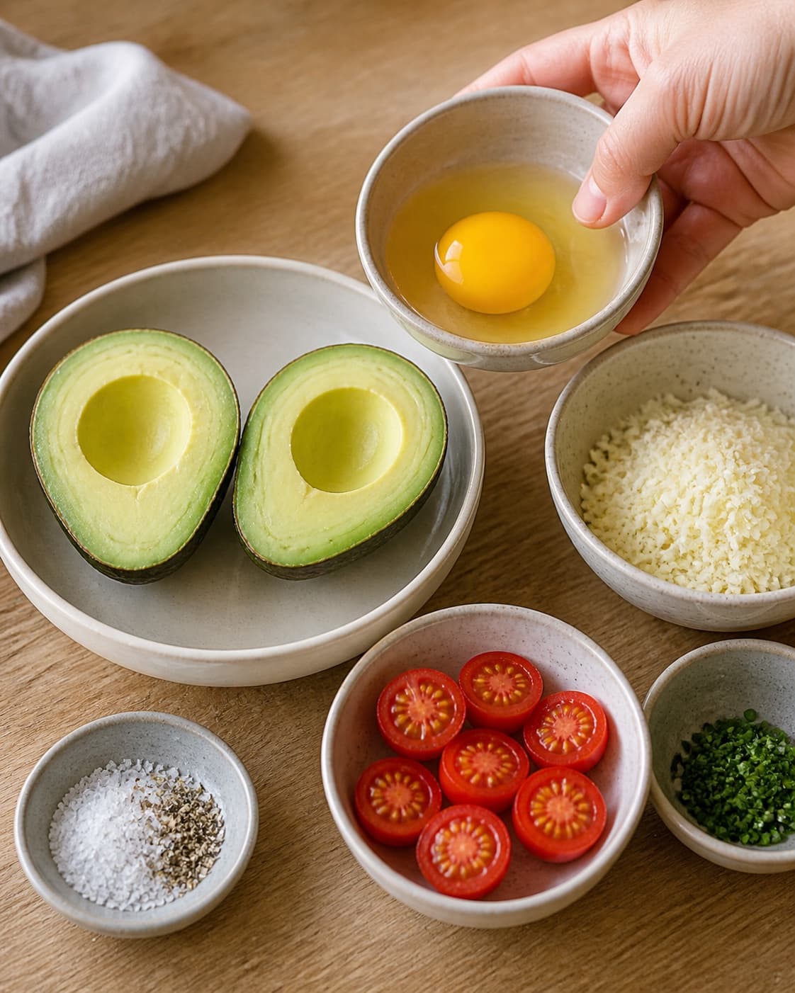 One single photorealistic instructional frame of prepared egg-dish fillings in separate bowls for Bagt avocado med æg, featuring avocado, æg, cherrytomater, with only the named equipment and no unrelated food, text, logos or packaging under tilberedningen af bagt avocado med æg