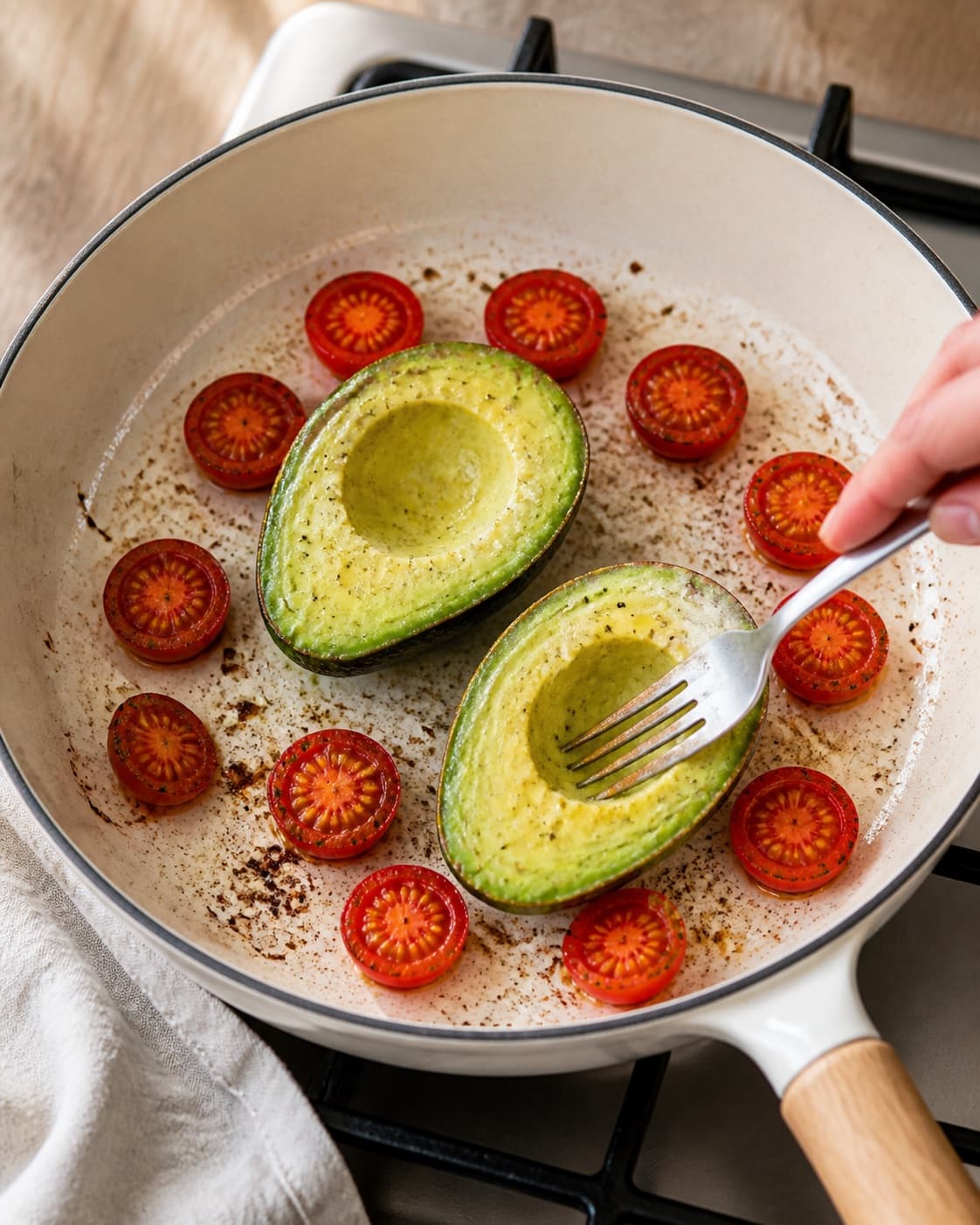 One single photorealistic instructional frame of the filling cooking until tender and dry in one skillet for Bagt avocado med æg, featuring avocado, æg, cherrytomater, with only the named equipment and no unrelated food, text, logos or packaging under tilberedningen af bagt avocado med æg