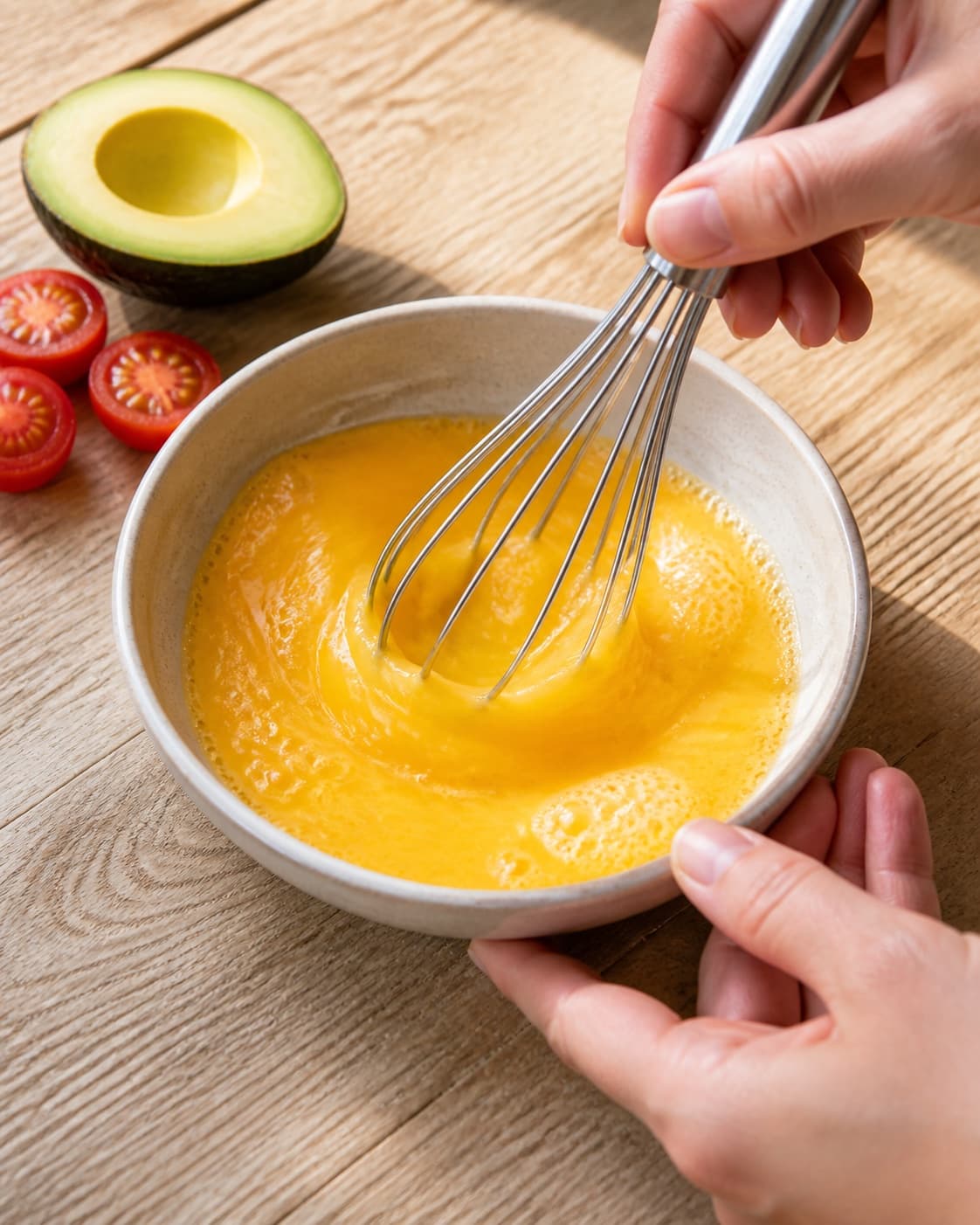 One single photorealistic instructional frame of eggs being whisked smoothly in one bowl for Bagt avocado med æg, featuring avocado, æg, cherrytomater, with only the named equipment and no unrelated food, text, logos or packaging under tilberedningen af bagt avocado med æg