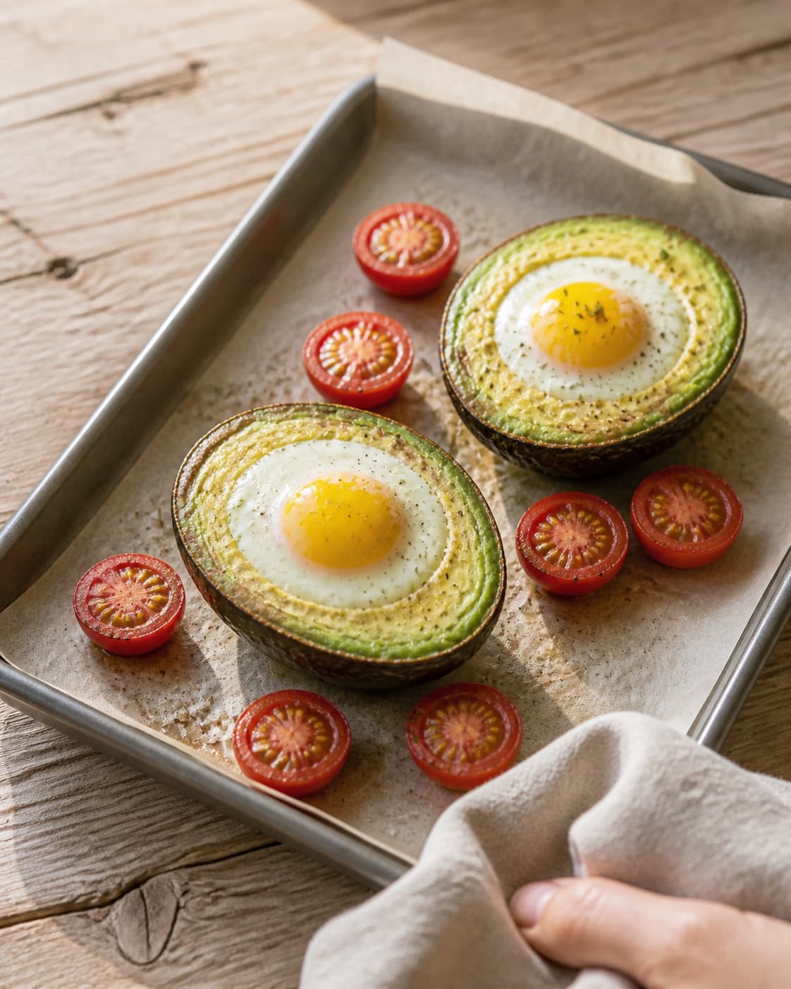 One single photorealistic instructional frame of the finished egg dish resting before serving for Bagt avocado med æg, featuring avocado, æg, cherrytomater, with only the named equipment and no unrelated food, text, logos or packaging under tilberedningen af bagt avocado med æg