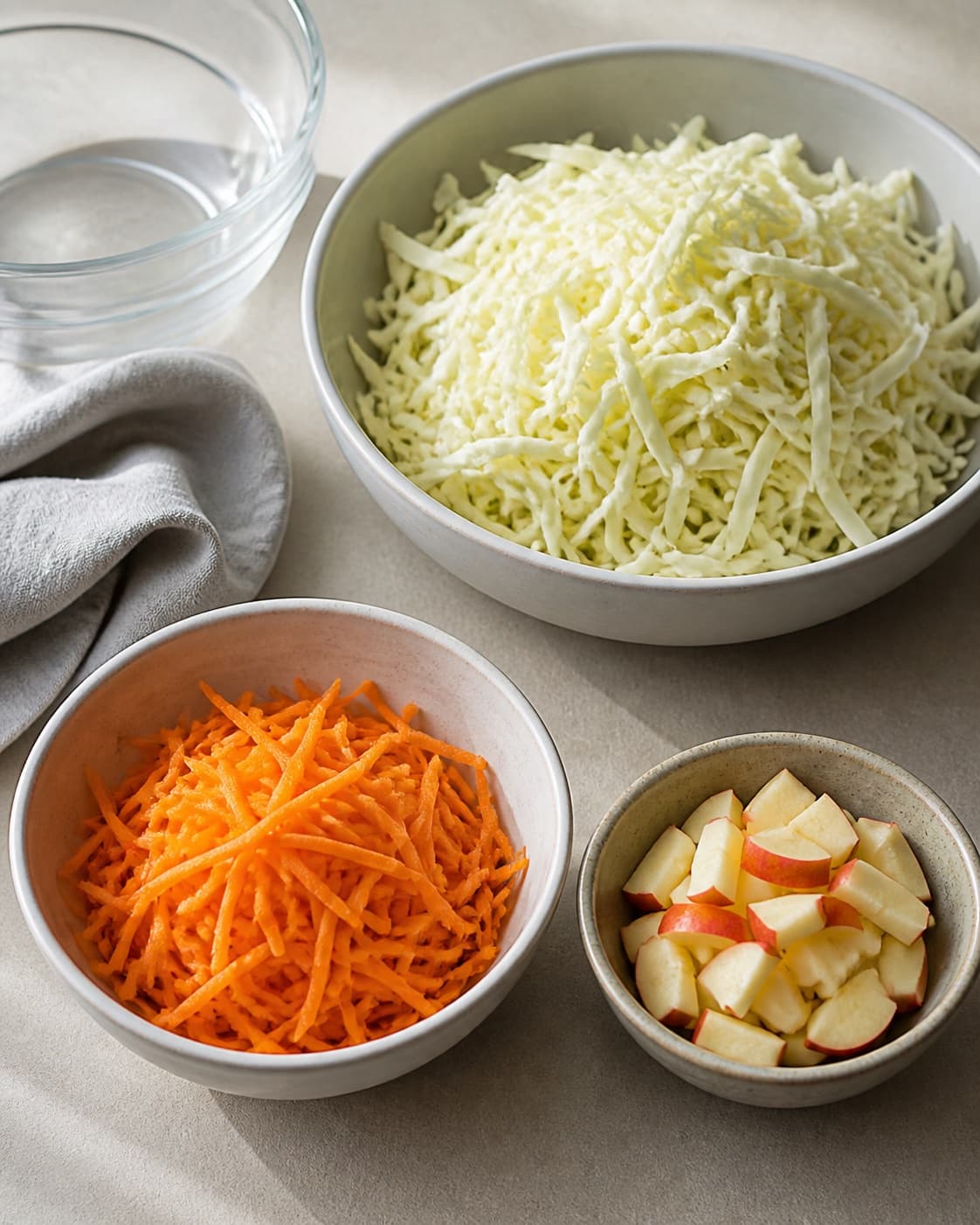One single photorealistic instructional frame of washed and evenly cut raw ingredients arranged in separate bowls for Hvidkålssalat, featuring hvidkål, gulerødder, æble, with only the named equipment and no unrelated food, text, logos or packaging under tilberedningen af hvidkålssalat