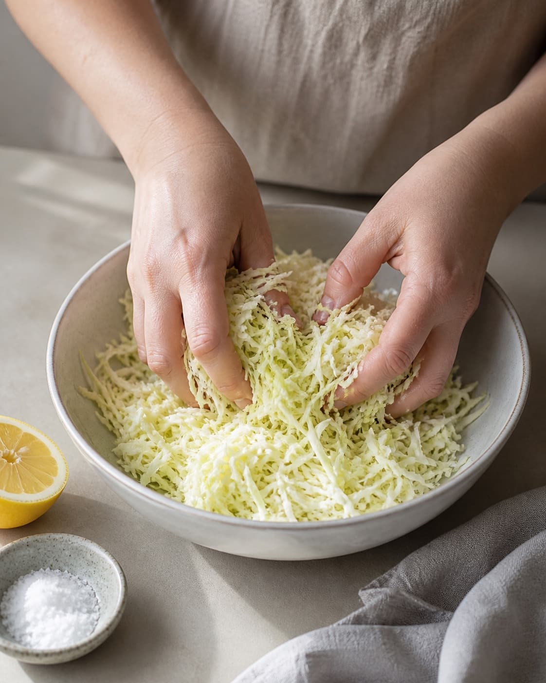 Finely shredded raw white cabbage being gently massaged with lemon and salt in one bowl, no oven, roasting tray or cooked cabbage under tilberedningen af hvidkålssalat
