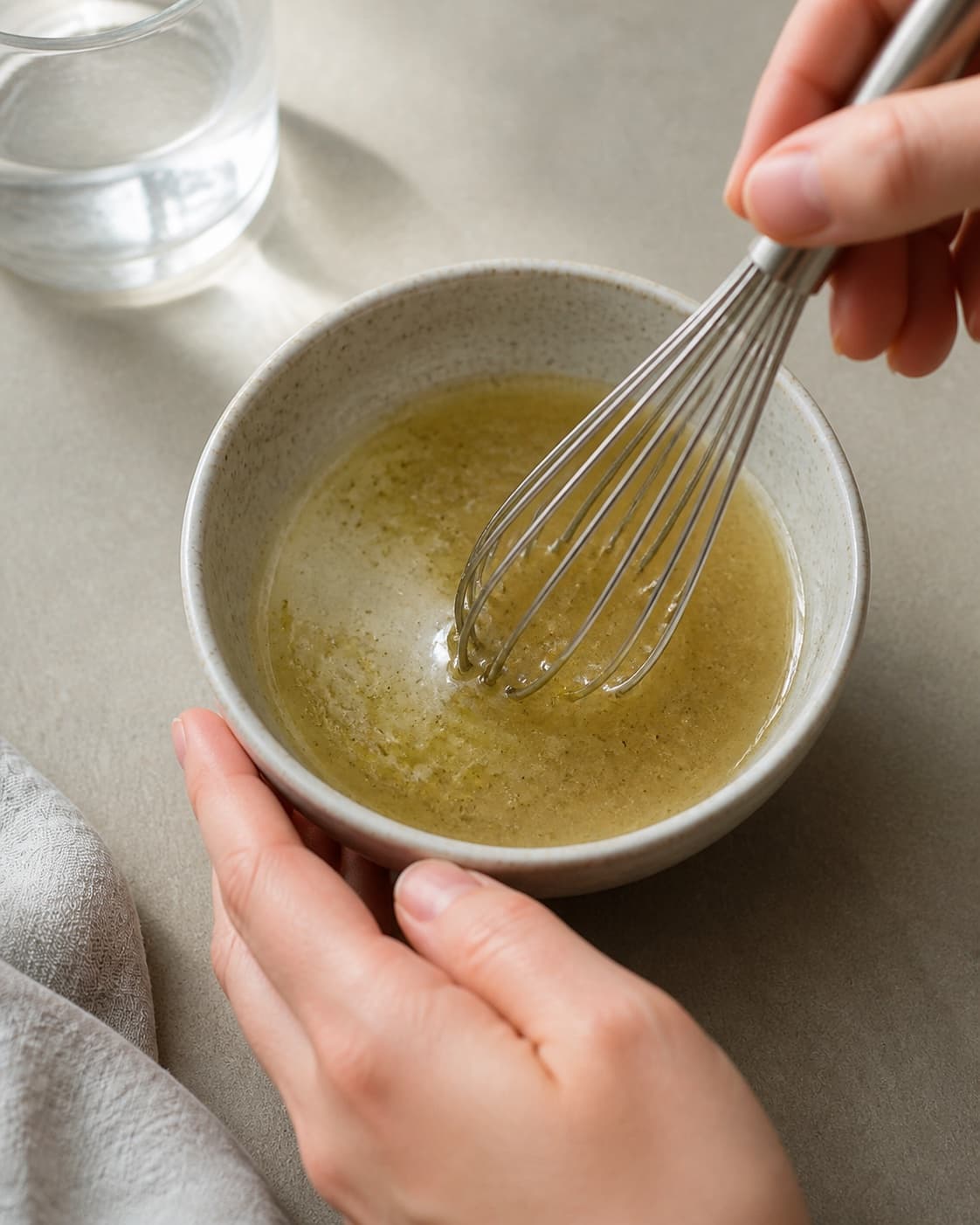 One single photorealistic instructional frame of a glossy dressing being whisked in one small bowl for Hvidkålssalat, featuring hvidkål, gulerødder, æble, with only the named equipment and no unrelated food, text, logos or packaging under tilberedningen af hvidkålssalat