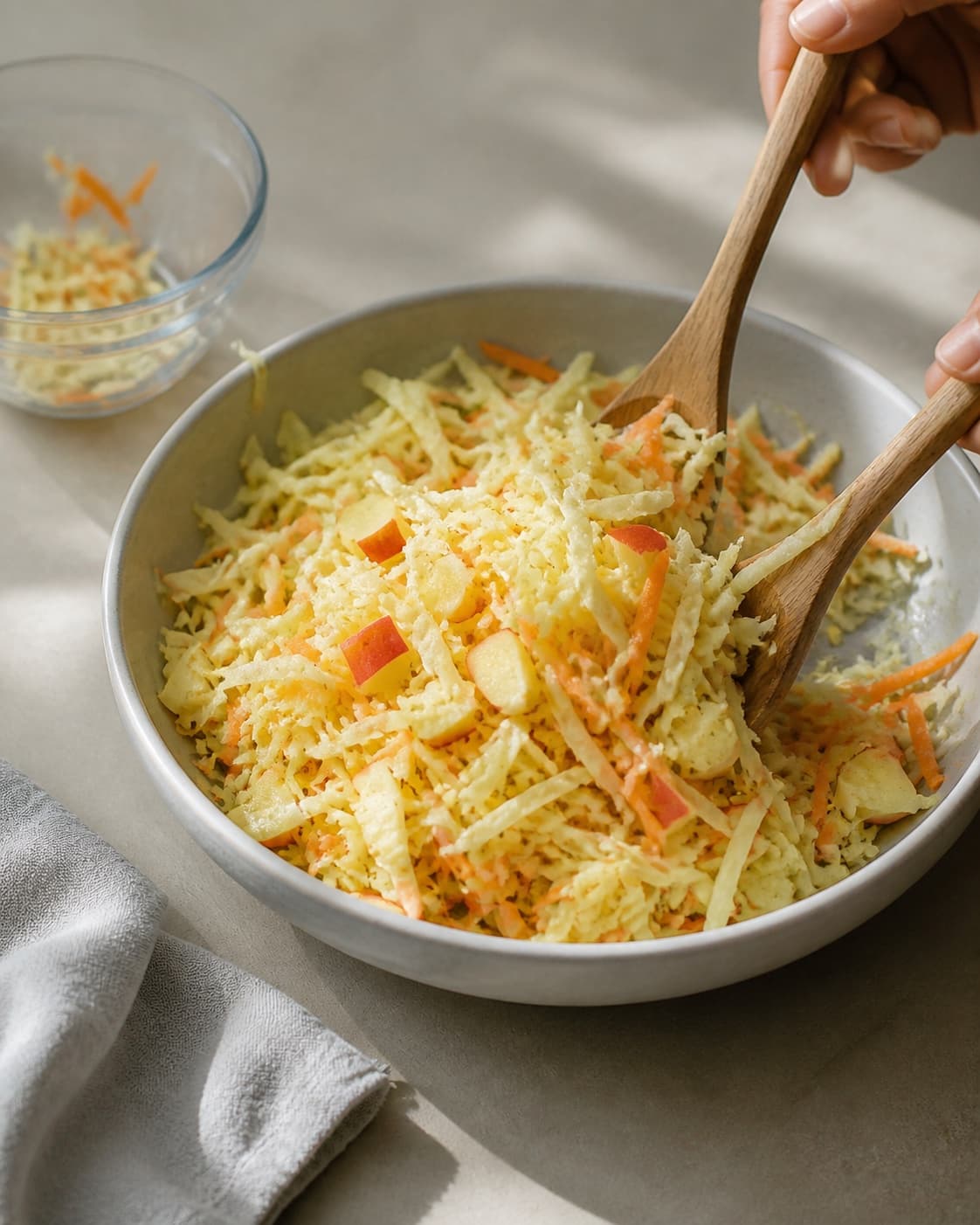 One single photorealistic instructional frame of the finished salad arranged loosely on one serving platter for Hvidkålssalat, featuring hvidkål, gulerødder, æble, with only the named equipment and no unrelated food, text, logos or packaging under tilberedningen af hvidkålssalat