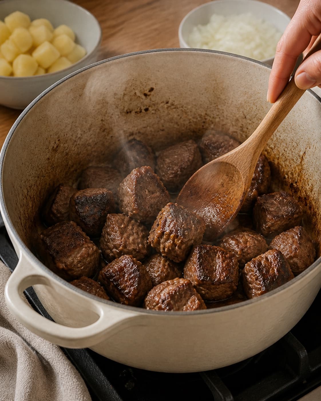 One single photorealistic instructional frame of meat cubes searing deeply brown in one heavy pot for Skipperlabskovs, featuring oksebov, kartofler, løg, with only the named equipment and no unrelated food, text, logos or packaging under tilberedningen af skipperlabskovs