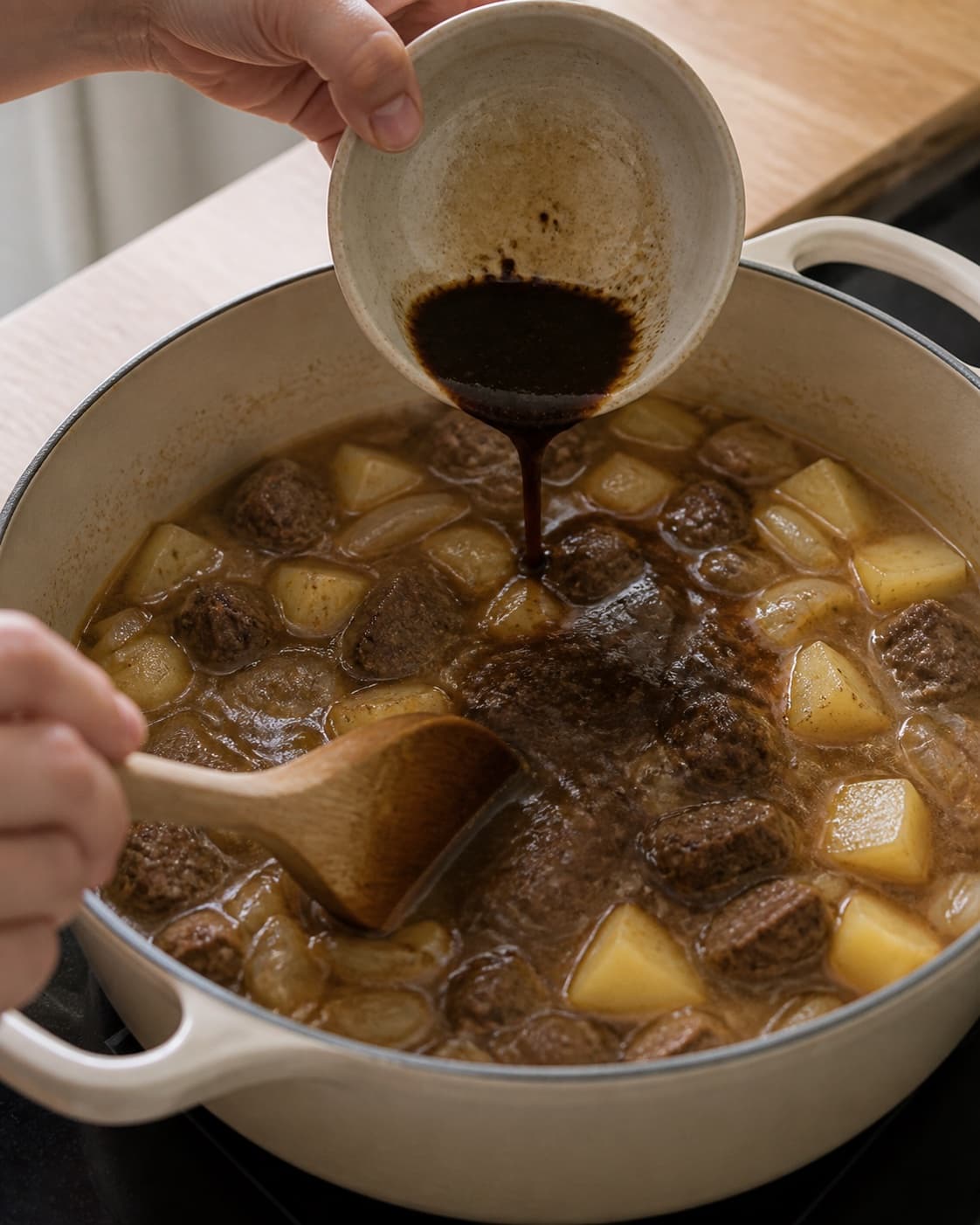 One single photorealistic instructional frame of dark fond dissolving into the added cooking liquid for Skipperlabskovs, featuring oksebov, kartofler, løg, with only the named equipment and no unrelated food, text, logos or packaging under tilberedningen af skipperlabskovs