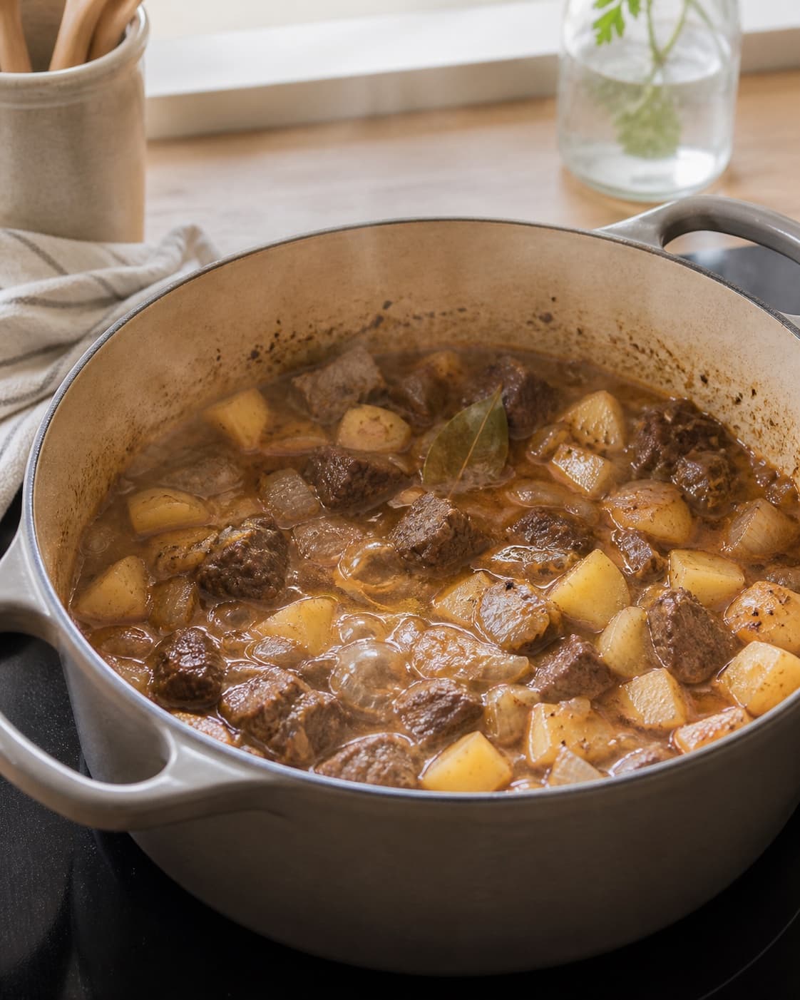 One single photorealistic instructional frame of the stew gently braising with tender meat and vegetables for Skipperlabskovs, featuring oksebov, kartofler, løg, with only the named equipment and no unrelated food, text, logos or packaging under tilberedningen af skipperlabskovs