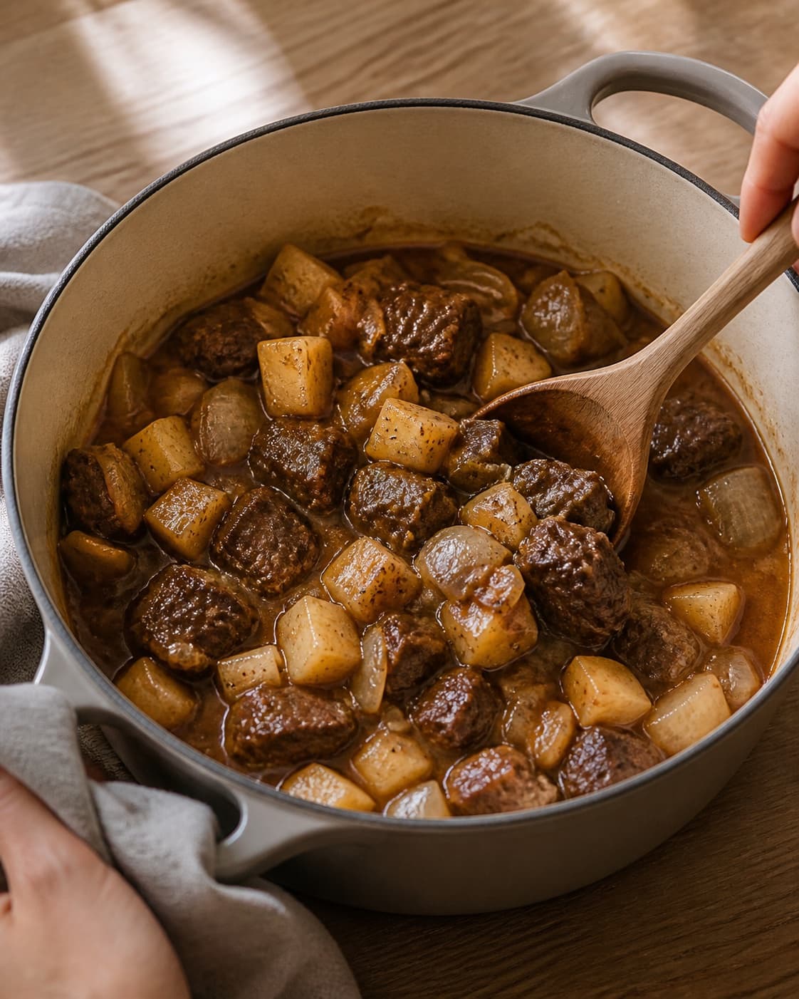 One single photorealistic instructional frame of the finished glossy stew ready in one serving pot for Skipperlabskovs, featuring oksebov, kartofler, løg, with only the named equipment and no unrelated food, text, logos or packaging under tilberedningen af skipperlabskovs