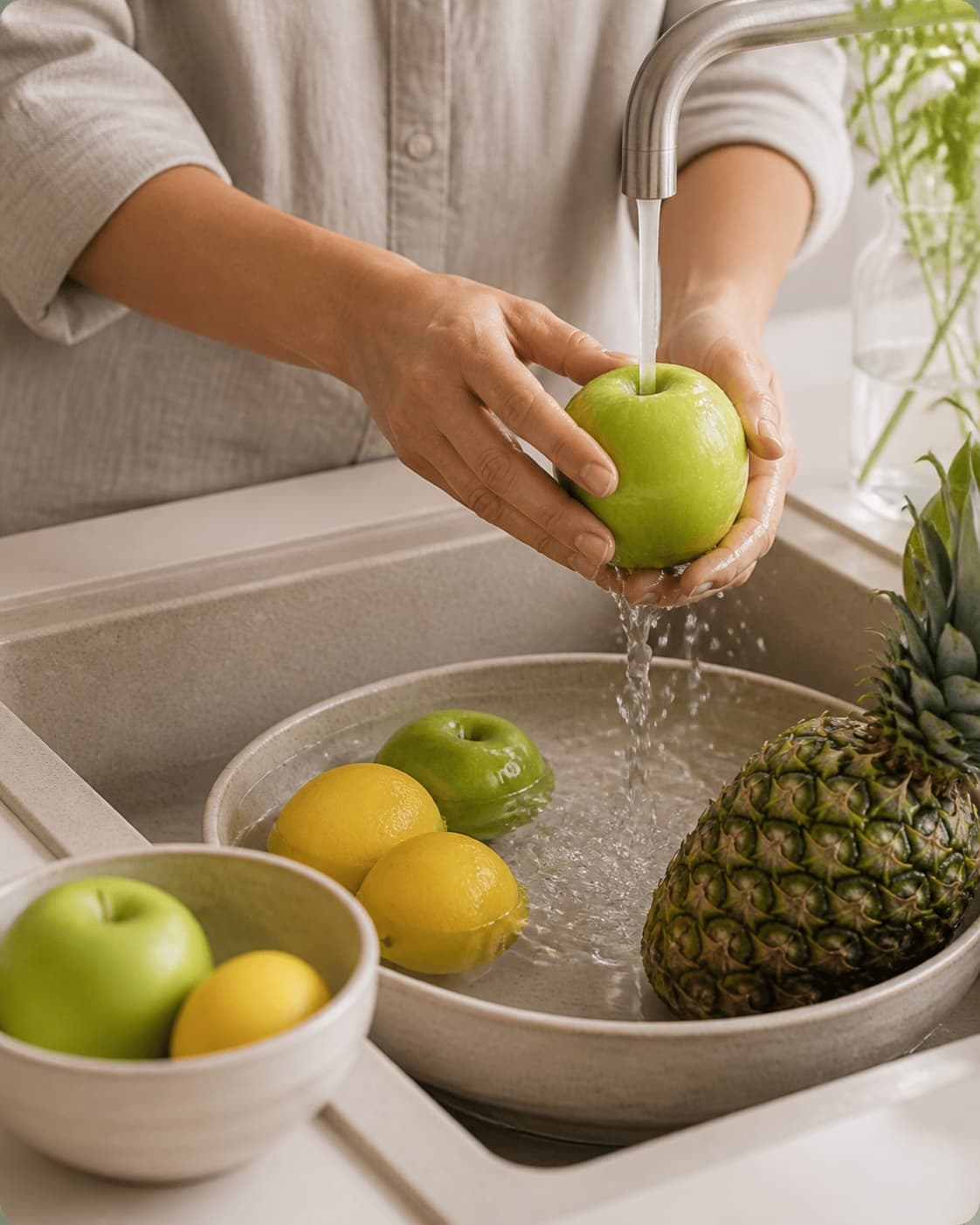 One single photorealistic instructional frame of fresh produce being washed and trimmed for Ananas Lavendel Juice, featuring ananas, æbler, citron, with only the named equipment and no unrelated food, text, logos or packaging under tilberedningen af ananas lavendel juice