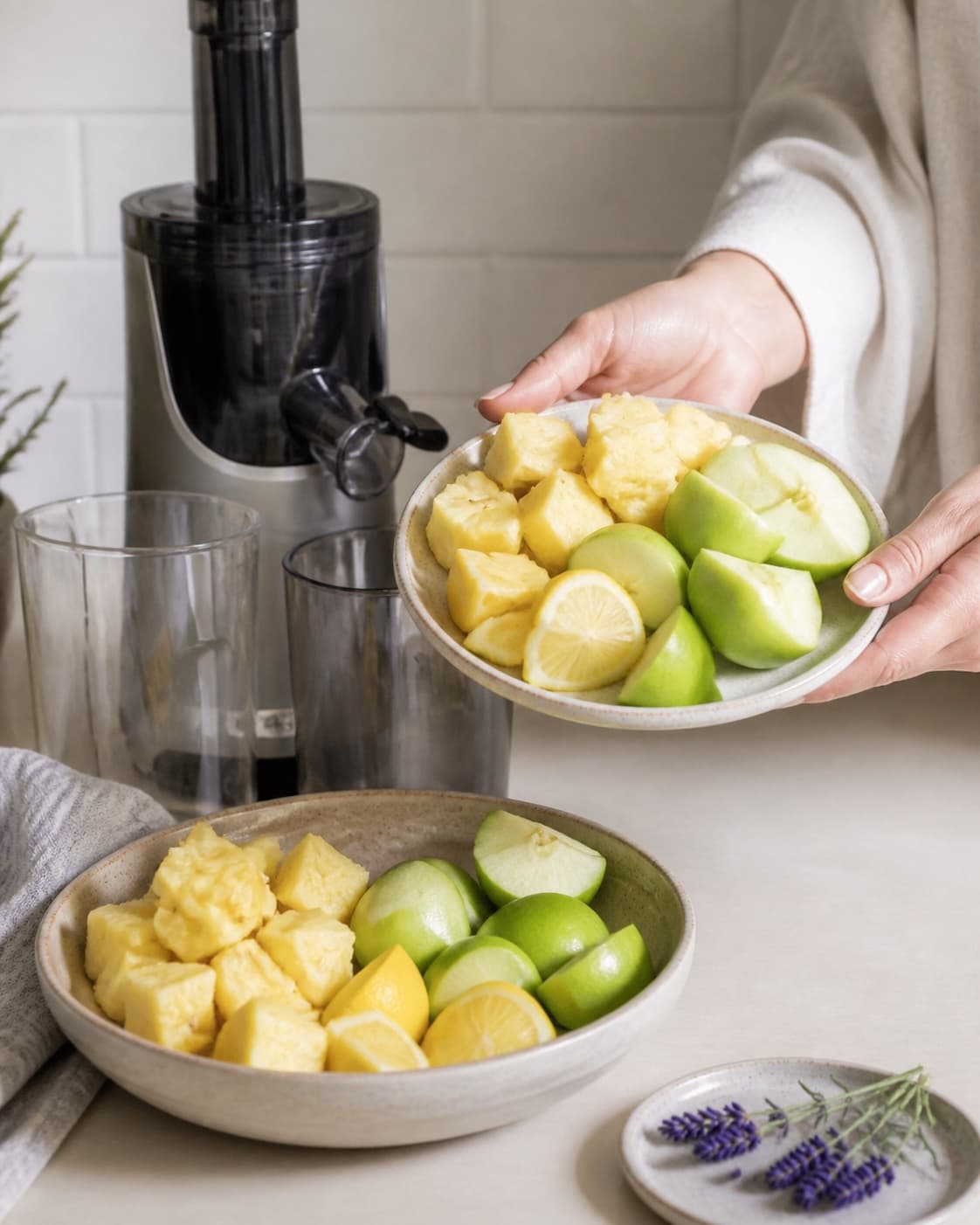 One single photorealistic instructional frame of the produce cut into juicer-size pieces for Ananas Lavendel Juice, featuring ananas, æbler, citron, with only the named equipment and no unrelated food, text, logos or packaging under tilberedningen af ananas lavendel juice