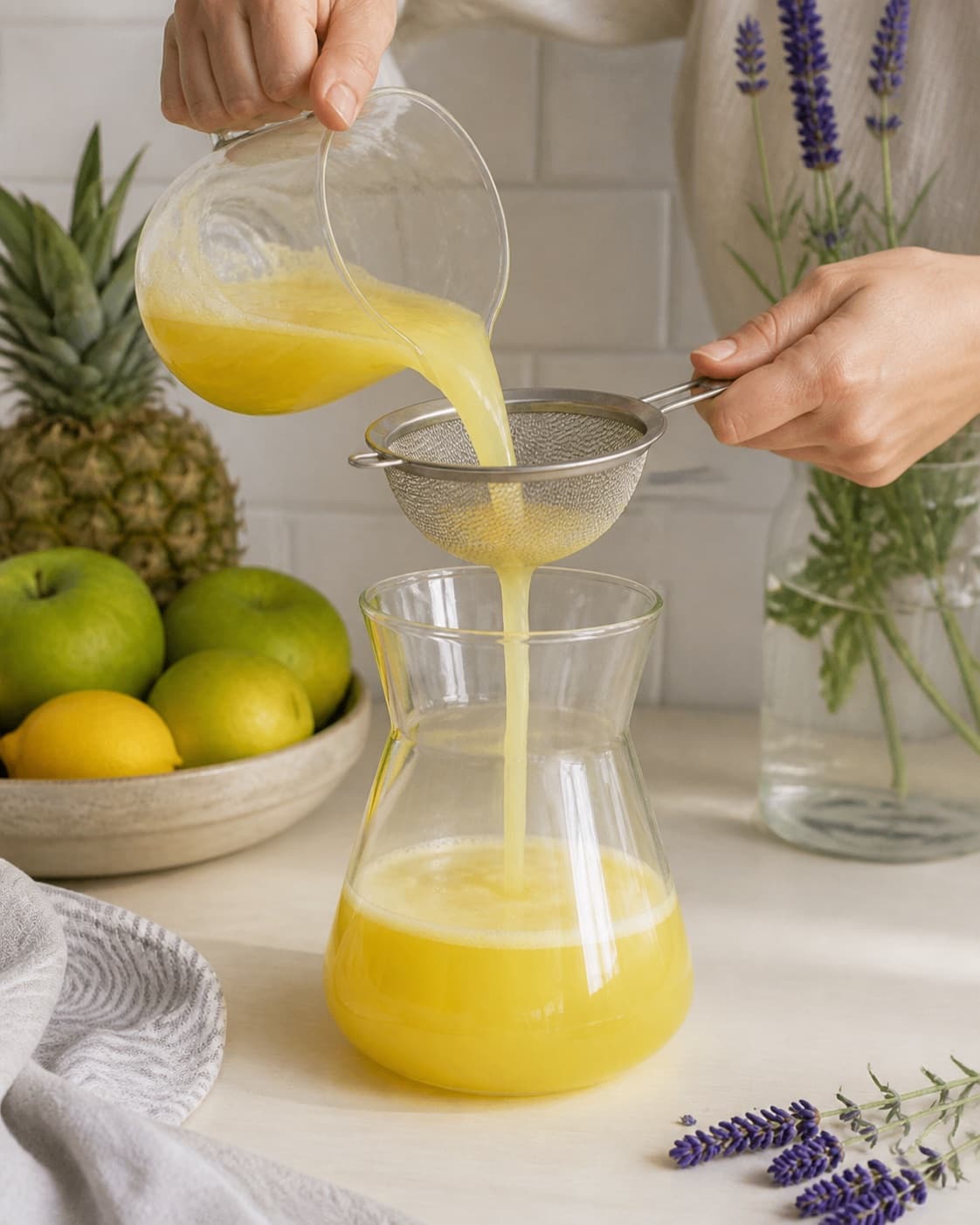 One single photorealistic instructional frame of fresh juice being strained into one jug for Ananas Lavendel Juice, featuring ananas, æbler, citron, with only the named equipment and no unrelated food, text, logos or packaging under tilberedningen af ananas lavendel juice