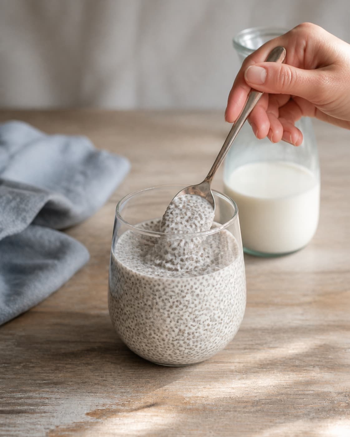 One single photorealistic instructional frame of the porridge consistency being adjusted with a spoon for Chiagrød, featuring chiafrø, mælk, vanilje, with only the named equipment and no unrelated food, text, logos or packaging under tilberedningen af chiagrød