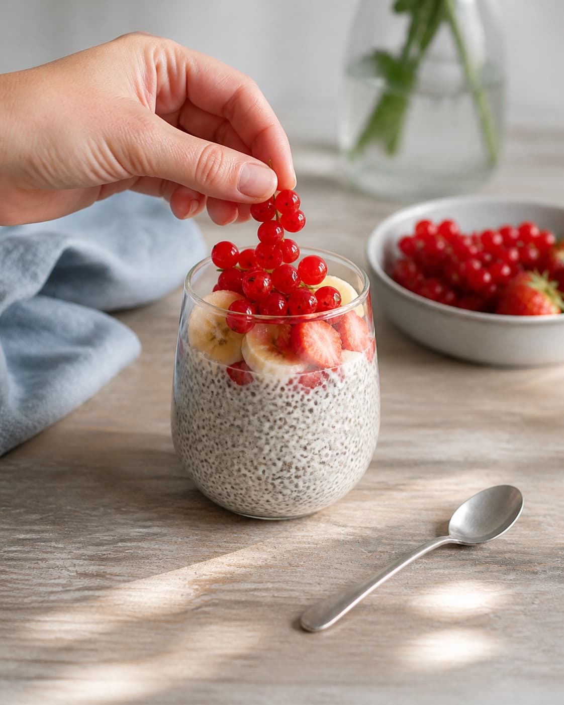 One single photorealistic instructional frame of finished breakfast bowls topped with the named fruit and garnish for Chiagrød, featuring chiafrø, mælk, vanilje, with only the named equipment and no unrelated food, text, logos or packaging under tilberedningen af chiagrød