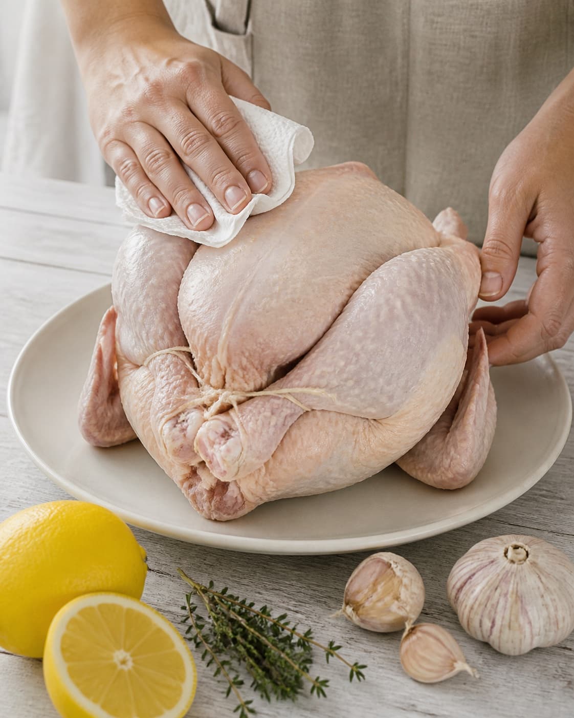 One single photorealistic instructional frame of the main ingredient trimmed cut and dried before roasting for Helstegt kylling med krydderurter og citron, featuring hel kylling, citron, hvidløg, with only the named equipment and no unrelated food, text, logos or packaging under tilberedningen af helstegt kylling med krydderurter og citron