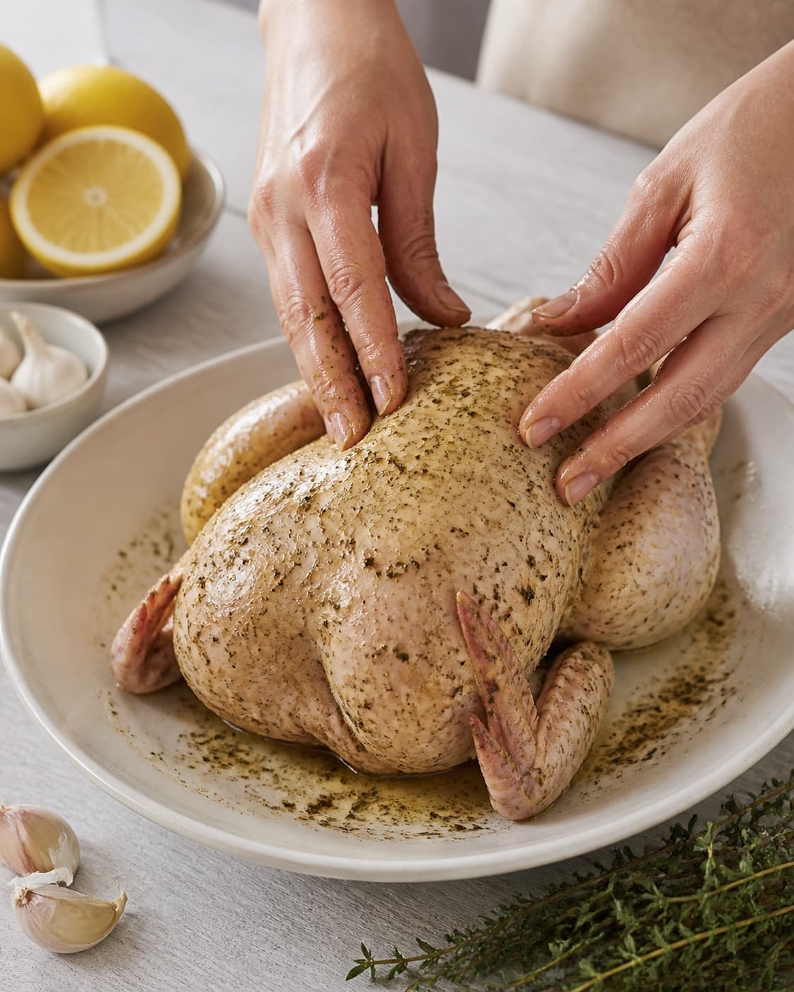 One single photorealistic instructional frame of the main ingredient being evenly coated with seasoning for Helstegt kylling med krydderurter og citron, featuring hel kylling, citron, hvidløg, with only the named equipment and no unrelated food, text, logos or packaging under tilberedningen af helstegt kylling med krydderurter og citron