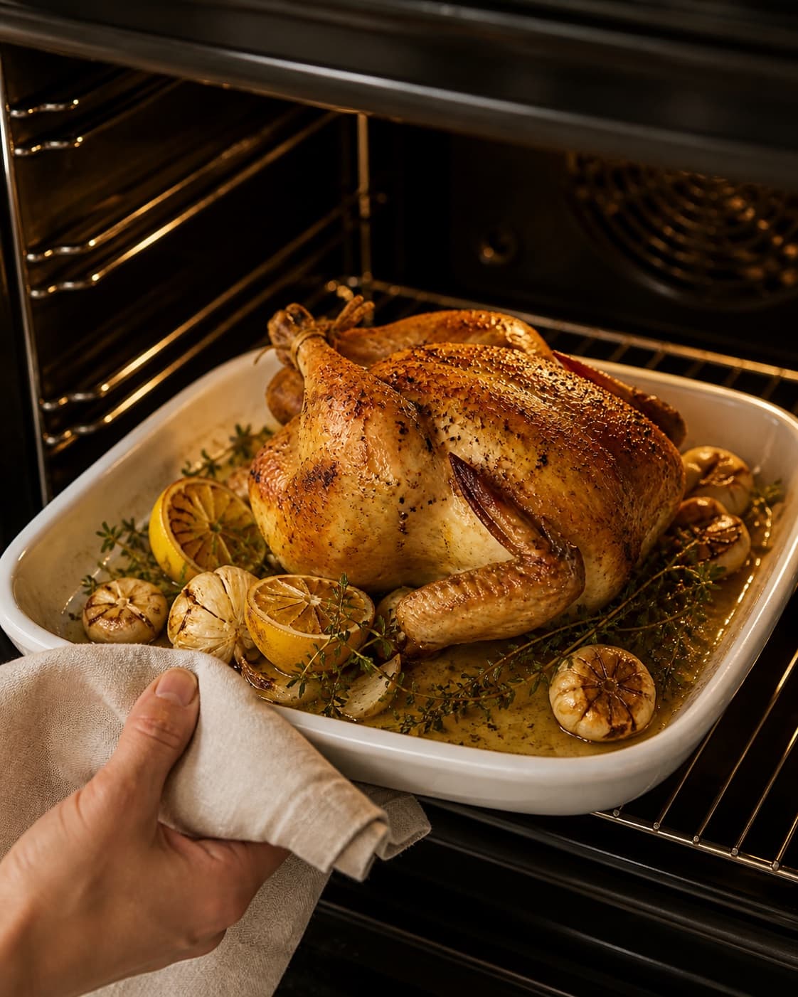 One single photorealistic instructional frame of the seasoned main ingredient roasting until properly cooked for Helstegt kylling med krydderurter og citron, featuring hel kylling, citron, hvidløg, with only the named equipment and no unrelated food, text, logos or packaging under tilberedningen af helstegt kylling med krydderurter og citron