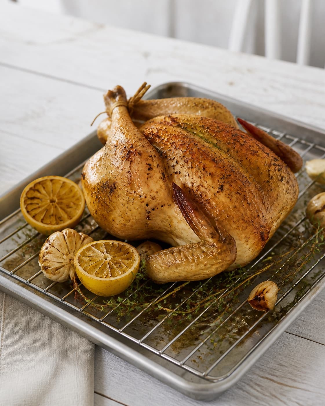 One single photorealistic instructional frame of the cooked ingredient resting uncovered on one rack or platter for Helstegt kylling med krydderurter og citron, featuring hel kylling, citron, hvidløg, with only the named equipment and no unrelated food, text, logos or packaging under tilberedningen af helstegt kylling med krydderurter og citron