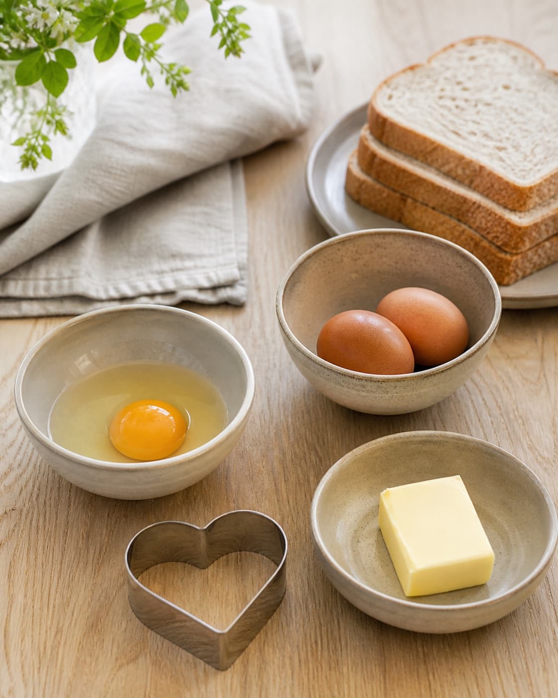 One single photorealistic instructional frame of prepared egg-dish fillings in separate bowls for Romantisk morgenmad og hjertetoast med æg, featuring toastbrød, æg, smør, with only the named equipment and no unrelated food, text, logos or packaging under tilberedningen af romantisk morgenmad og hjertetoast med æg