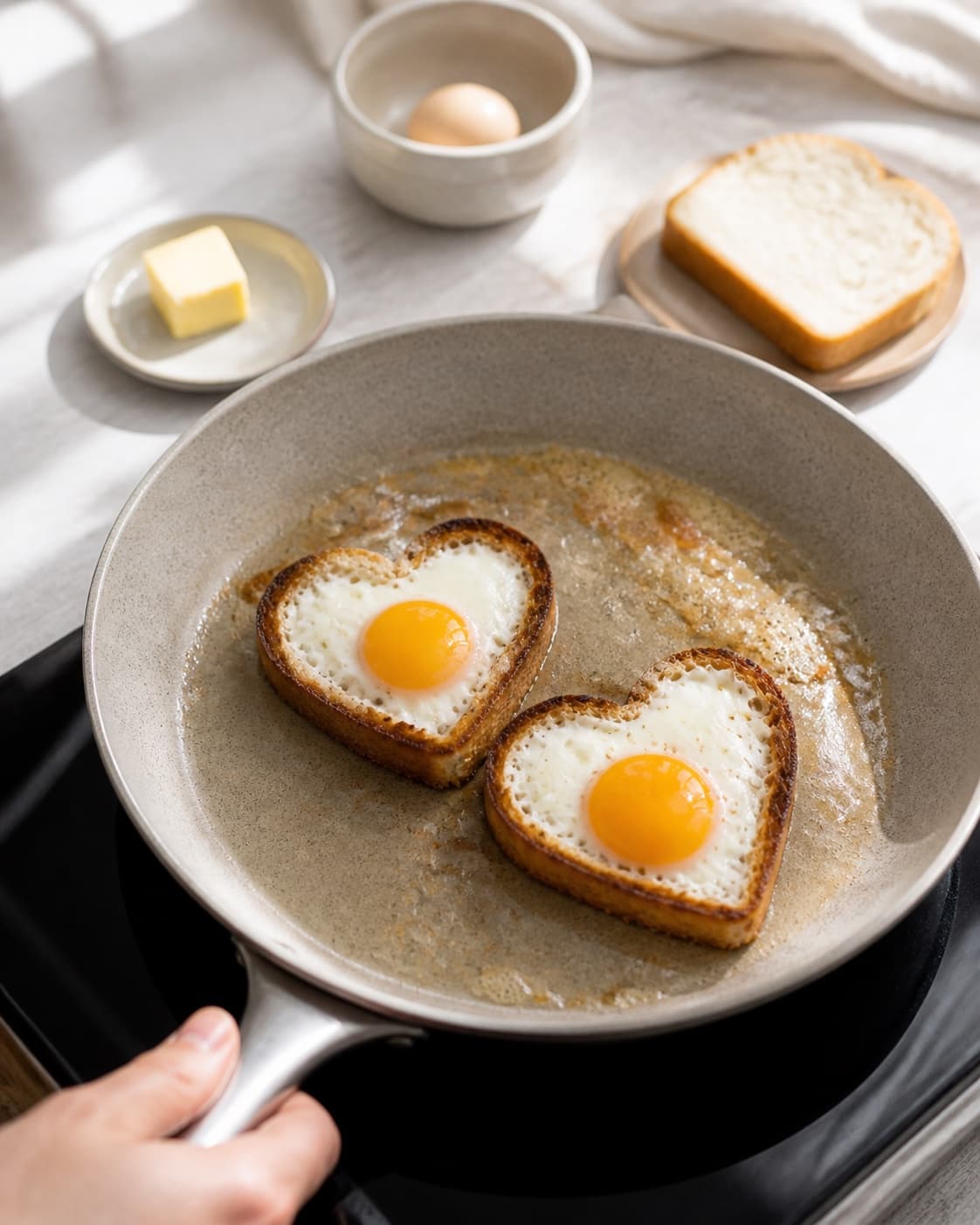 One single photorealistic instructional frame of the filling cooking until tender and dry in one skillet for Romantisk morgenmad og hjertetoast med æg, featuring toastbrød, æg, smør, with only the named equipment and no unrelated food, text, logos or packaging under tilberedningen af romantisk morgenmad og hjertetoast med æg
