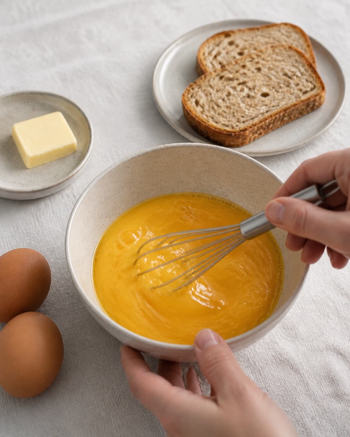 One single photorealistic instructional frame of eggs being whisked smoothly in one bowl for Romantisk morgenmad og hjertetoast med æg, featuring toastbrød, æg, smør, with only the named equipment and no unrelated food, text, logos or packaging under tilberedningen af romantisk morgenmad og hjertetoast med æg