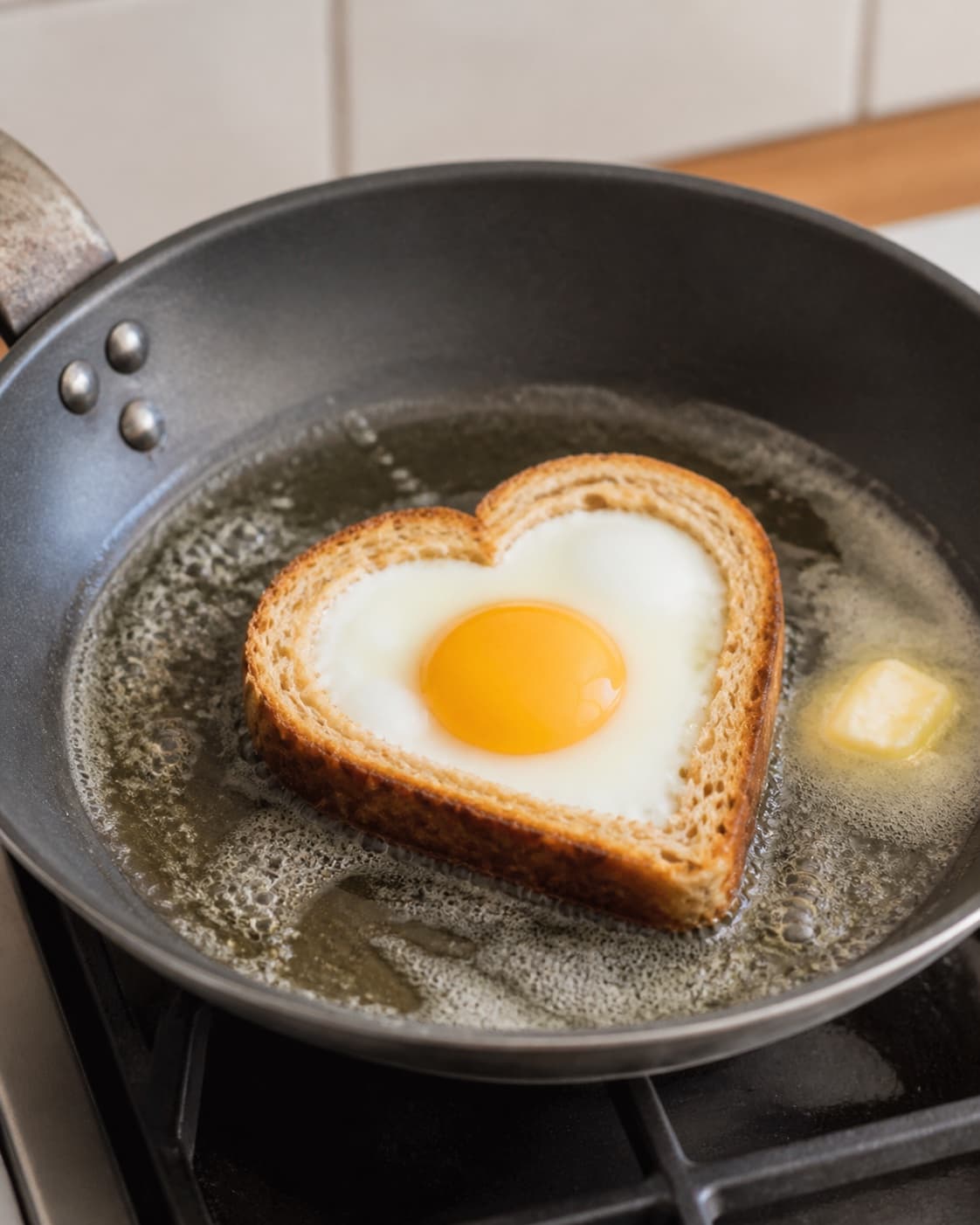 One single photorealistic instructional frame of the egg mixture gently setting around the filling for Romantisk morgenmad og hjertetoast med æg, featuring toastbrød, æg, smør, with only the named equipment and no unrelated food, text, logos or packaging under tilberedningen af romantisk morgenmad og hjertetoast med æg