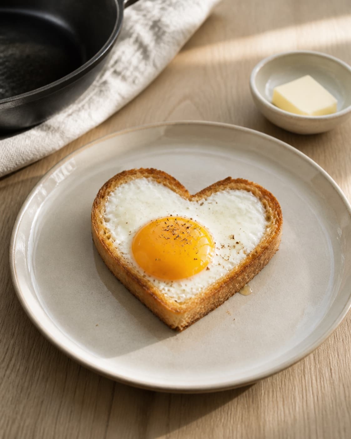 One single photorealistic instructional frame of the finished egg dish resting before serving for Romantisk morgenmad og hjertetoast med æg, featuring toastbrød, æg, smør, with only the named equipment and no unrelated food, text, logos or packaging under tilberedningen af romantisk morgenmad og hjertetoast med æg