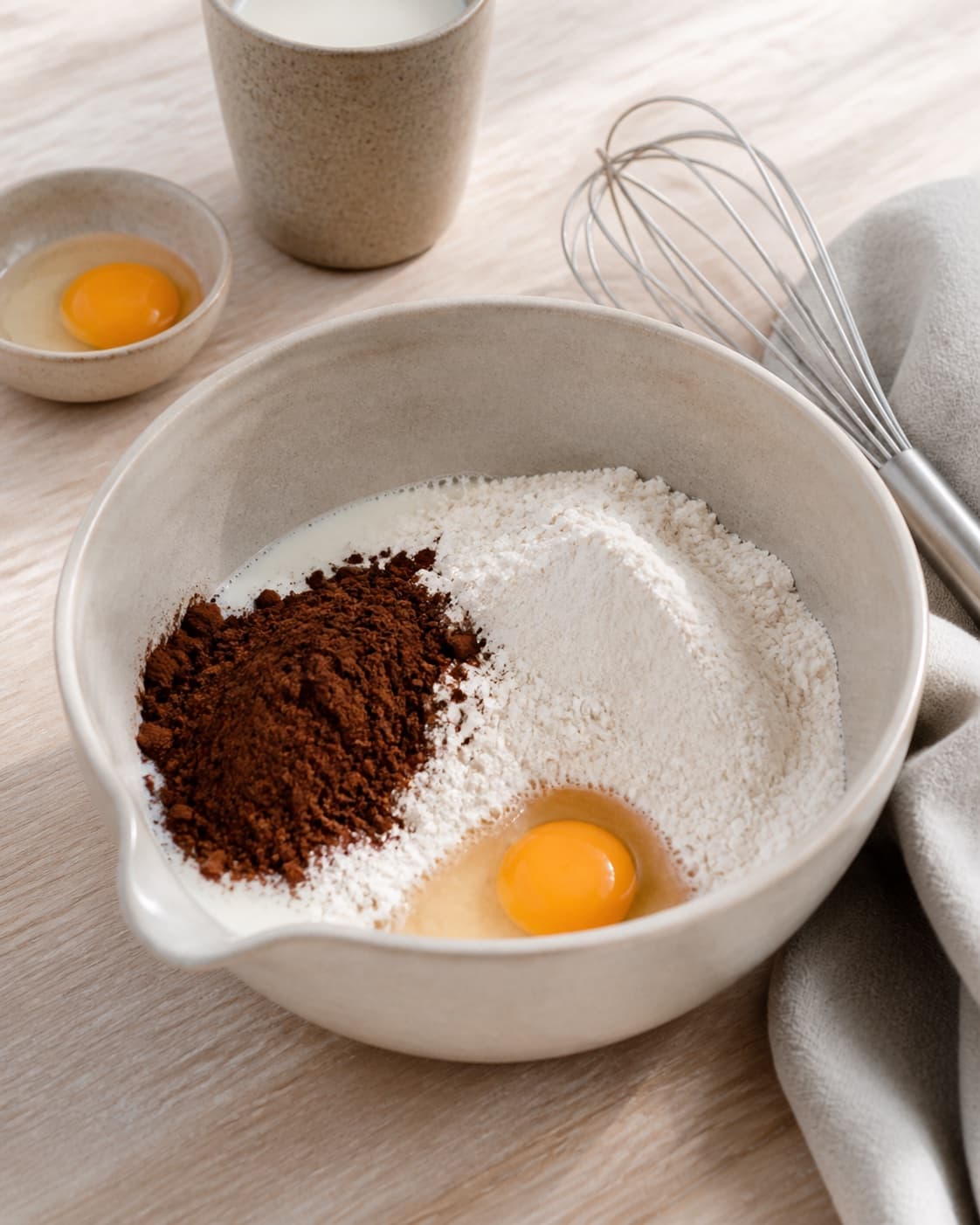 One single photorealistic instructional frame of measured grains seeds and liquid before cooking for Chokolade pandekager, featuring hvedemel, kakaopulver, æg, with only the named equipment and no unrelated food, text, logos or packaging under tilberedningen af chokolade pandekager