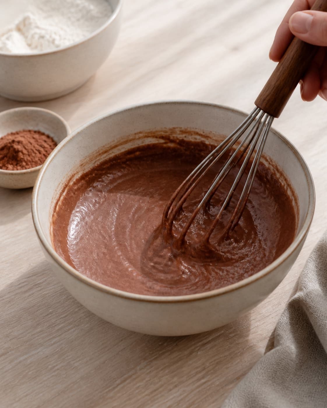 Smooth pourable batter for chocolate pancakes being whisked in one bowl, no saucepan, boiling porridge or finished pancakes under tilberedningen af chokolade pandekager