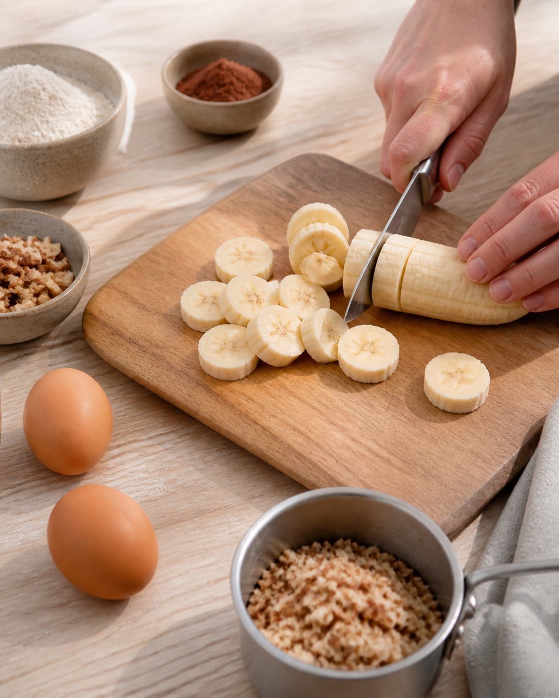 One single photorealistic instructional frame of fresh fruit being cut beside one small pan of toasted topping for Chokolade pandekager, featuring hvedemel, kakaopulver, æg, with only the named equipment and no unrelated food, text, logos or packaging under tilberedningen af chokolade pandekager