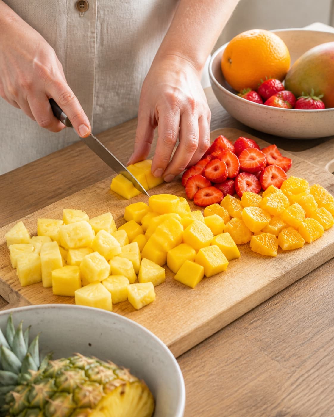 Fresh pineapple mango orange and strawberries being cut into even bite-size pieces, no oven, roasting tray or cooked fruit under tilberedningen af solskins frugtsalat