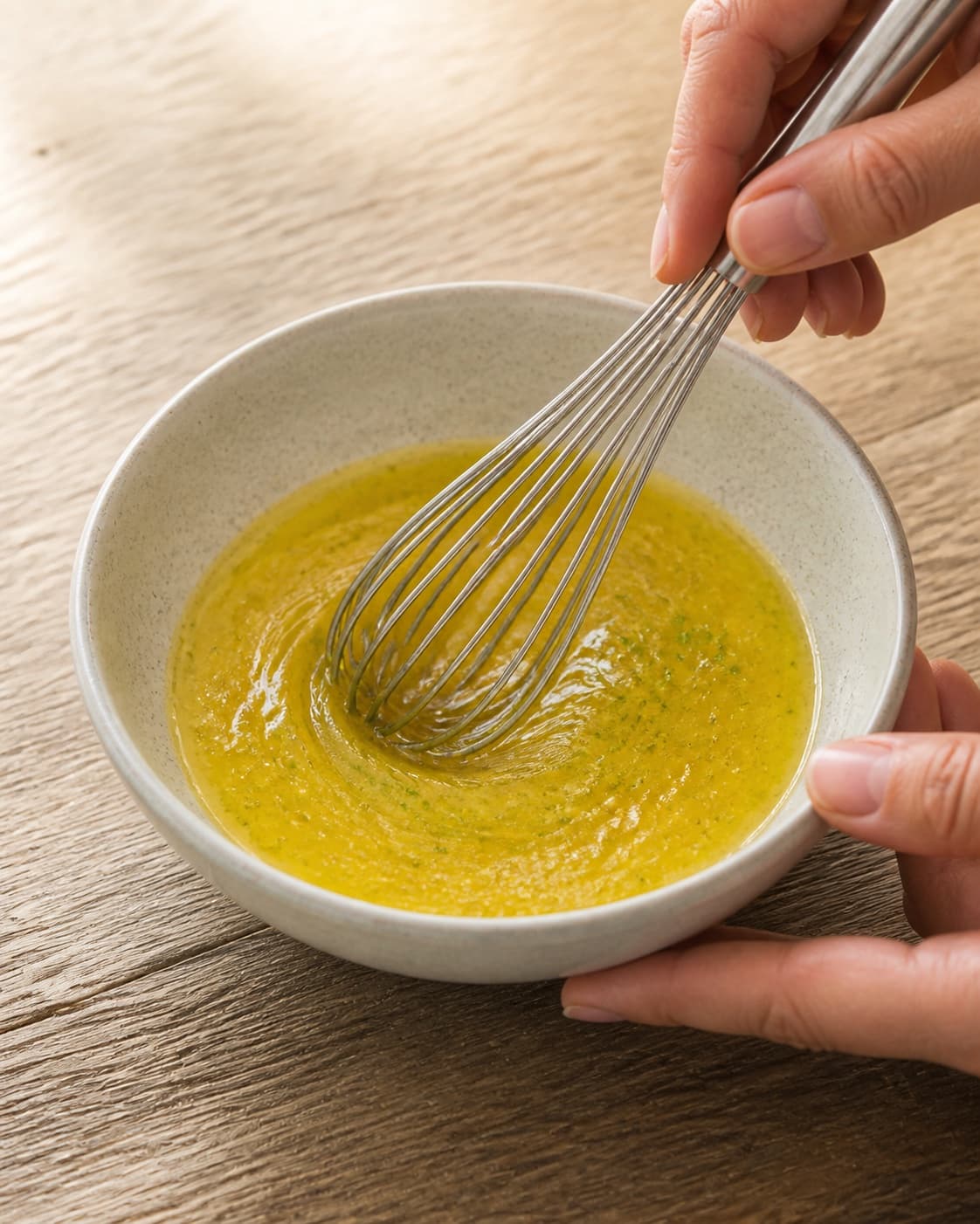 One single photorealistic instructional frame of a glossy dressing being whisked in one small bowl for Solskins frugtsalat, featuring ananas, mango, appelsin, with only the named equipment and no unrelated food, text, logos or packaging under tilberedningen af solskins frugtsalat
