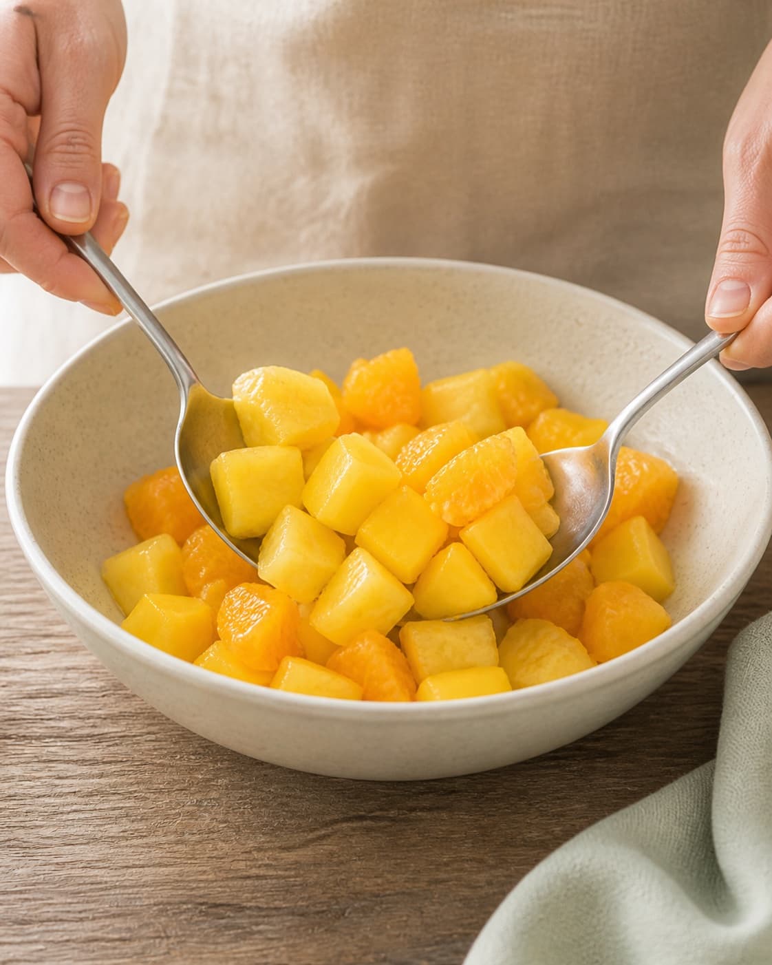 One single photorealistic instructional frame of the prepared salad components being gently tossed together for Solskins frugtsalat, featuring ananas, mango, appelsin, with only the named equipment and no unrelated food, text, logos or packaging under tilberedningen af solskins frugtsalat