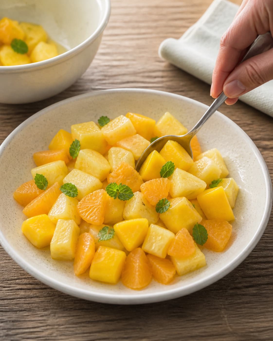 One single photorealistic instructional frame of the finished salad arranged loosely on one serving platter for Solskins frugtsalat, featuring ananas, mango, appelsin, with only the named equipment and no unrelated food, text, logos or packaging under tilberedningen af solskins frugtsalat