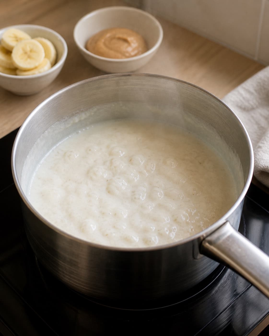 One single photorealistic instructional frame of creamy breakfast porridge gently simmering in one pot for Frugtyoghurt med banan, peanutbutter og kakaonibs, featuring yoghurt naturel, banan, peanutbutter, with only the named equipment and no unrelated food, text, logos or packaging under tilberedningen af frugtyoghurt med banan, peanutbutter og kakaonibs