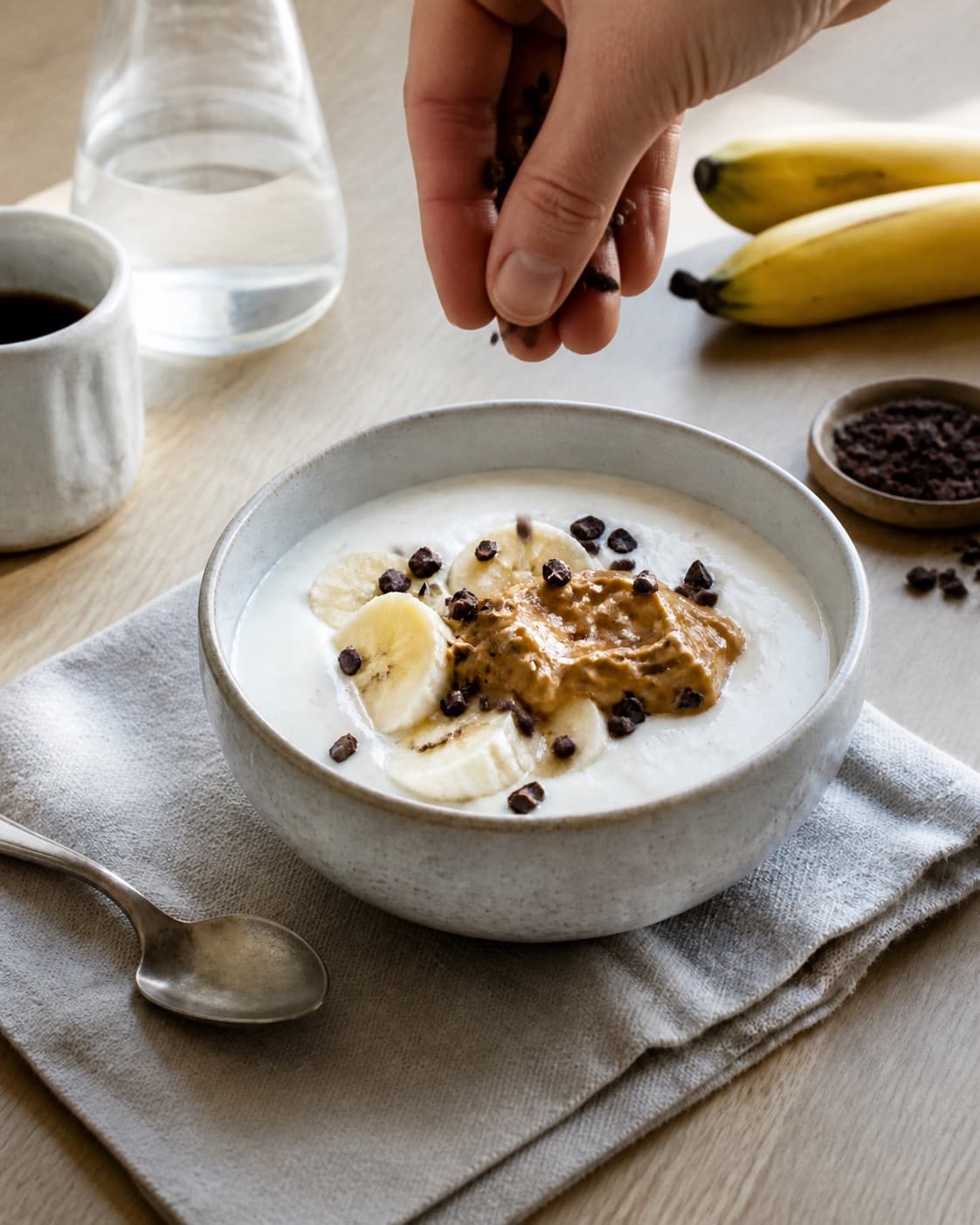 One single photorealistic instructional frame of finished breakfast bowls topped with the named fruit and garnish for Frugtyoghurt med banan, peanutbutter og kakaonibs, featuring yoghurt naturel, banan, peanutbutter, with only the named equipment and no unrelated food, text, logos or packaging under tilberedningen af frugtyoghurt med banan, peanutbutter og kakaonibs
